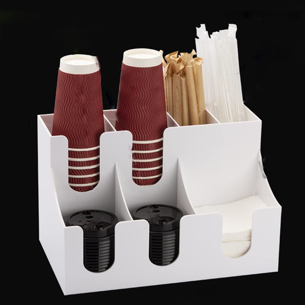 White Coffee Condiment & Accessories Organizer - Cup Lid Dispenser with Tea Bag, Sugar & Straw Storage - Perfect for Office Coffee Station & Home Kitchen Organization