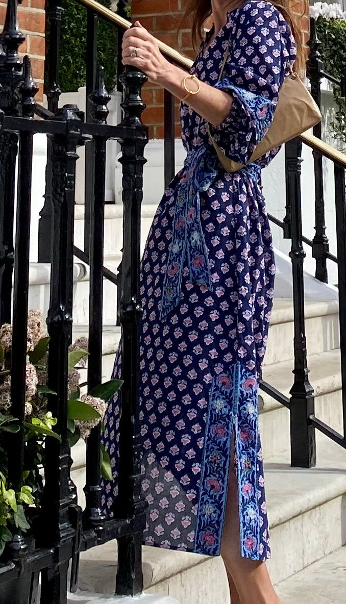Elegant Navy Blue Medallion Print Dress for Women - Perfect for Parties, Weddings & Special Occasions