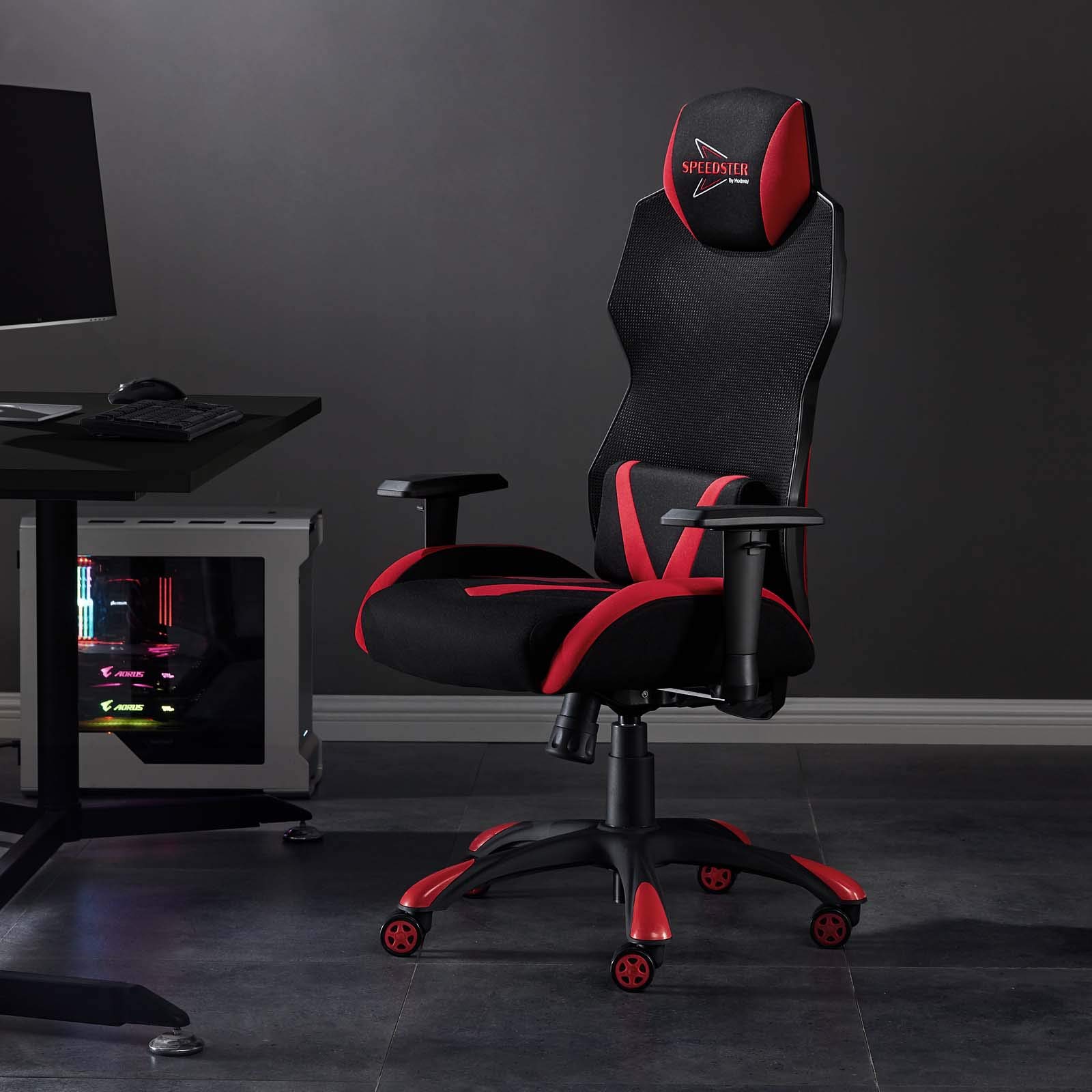 Modway Speedster Ergonomic Mesh Gaming Chair - Adjustable Height Office Desk Chair with Lumbar Support for PC Gaming & Work (Black/Red) - Perfect for Home Office, Gaming Setup & Long Work Sessions