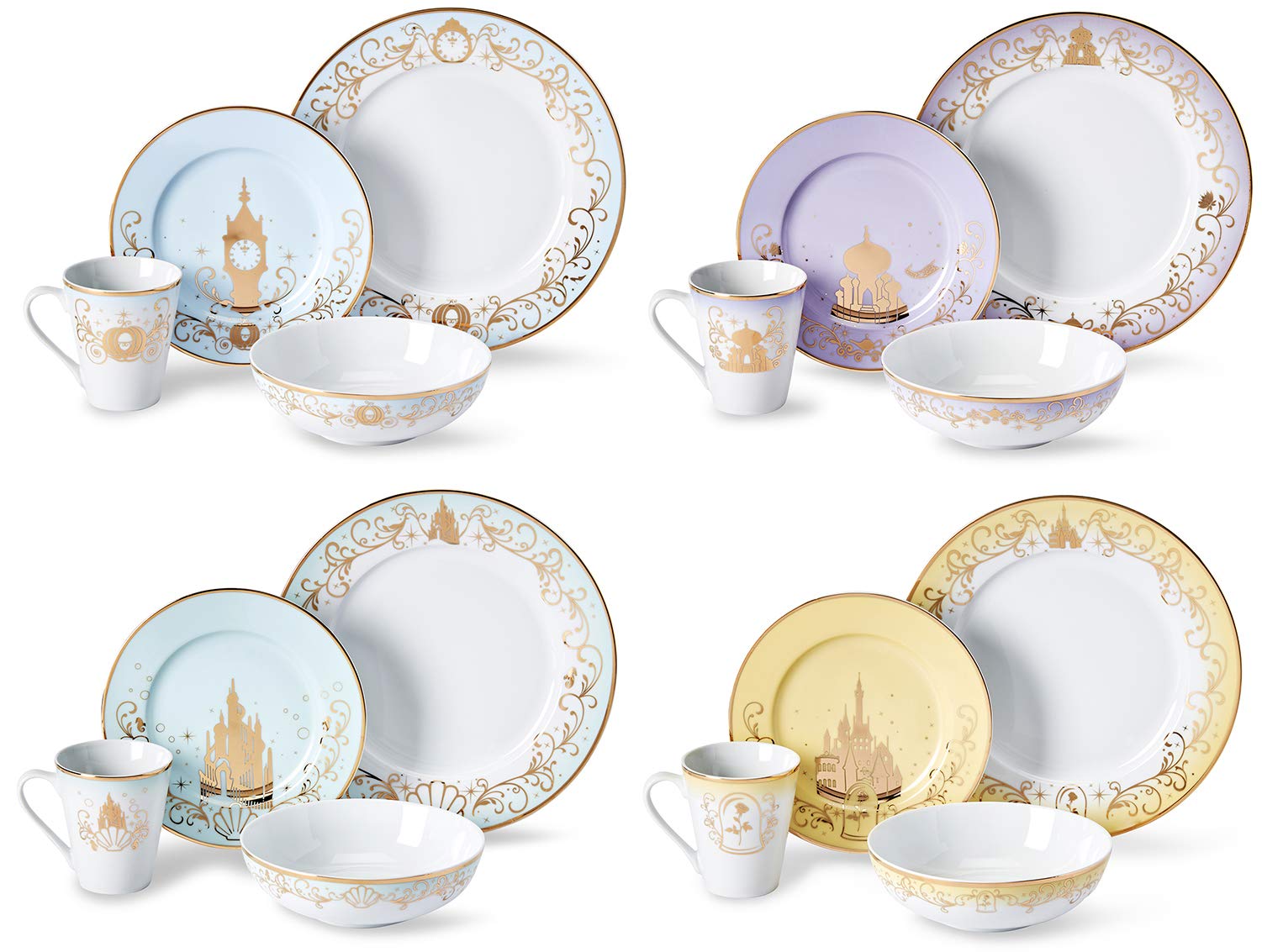 Disney Themed 16-Piece Ceramic Dinnerware Set - Cinderella, Aladdin, Little Mermaid & Beauty and the Beast Colorful Plates, Bowls & Mugs for 4 Place Settings | Perfect for Family Dinners, Birthday Parties & Disney-Themed Events