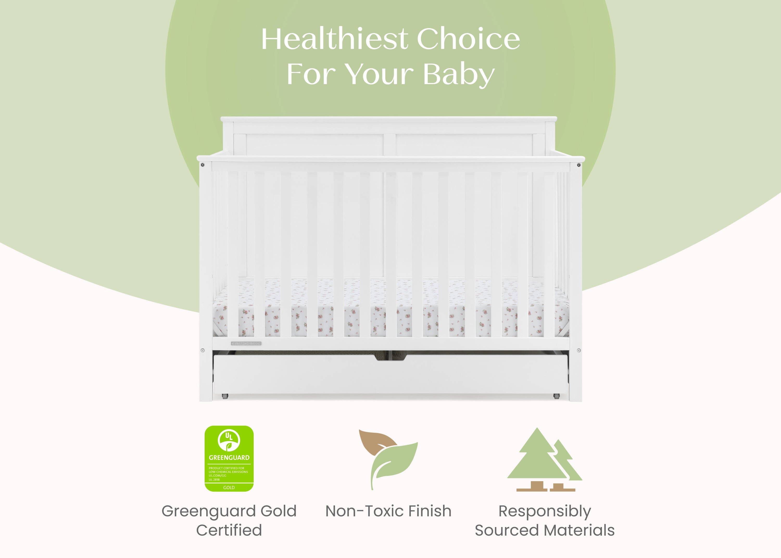 Logan 6-in-1 Convertible Baby Crib with Underdrawer Storage - White Nursery Furniture for Newborn to Toddler Bed | Perfect for Small Spaces & Modern Nurseries
