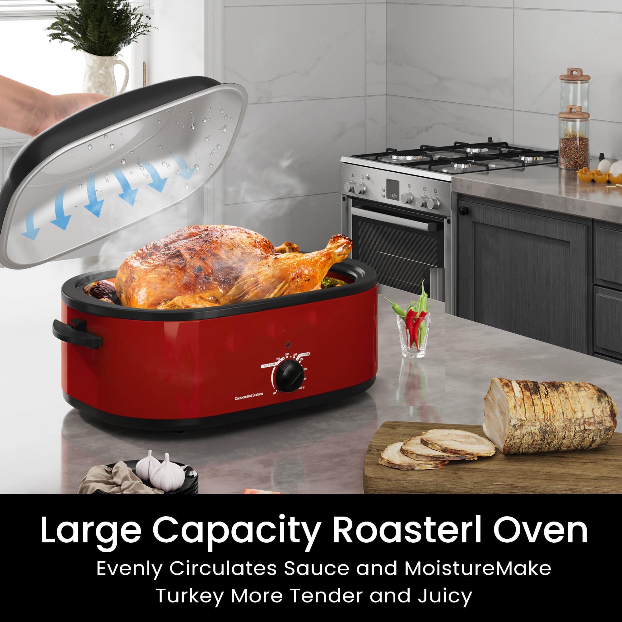 18 Quart Stainless Steel Electric Roaster Oven with Self-Basting Lid, Defrost & Warm Function, Adjustable Temperature, Removable Pan & Rack, Red – Perfect for Holiday Turkey, Roasts, and Large Family Gatherings