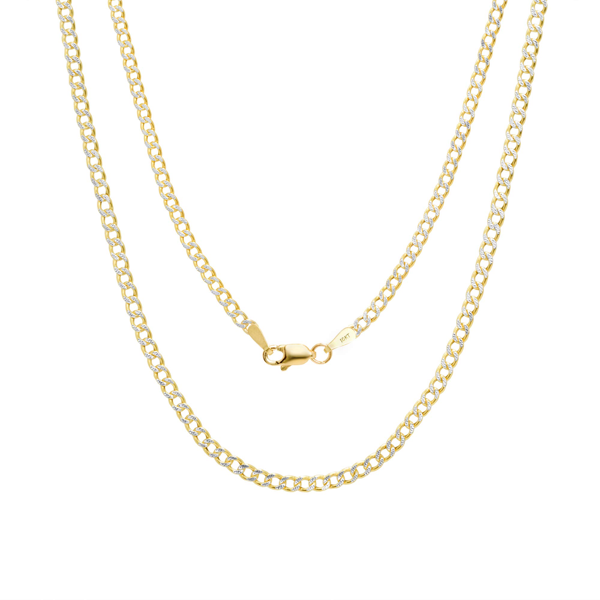 10k Real Yellow Gold Cuban Curb Link Chain Necklace - 2mm Diamond Cut Pave Design (16