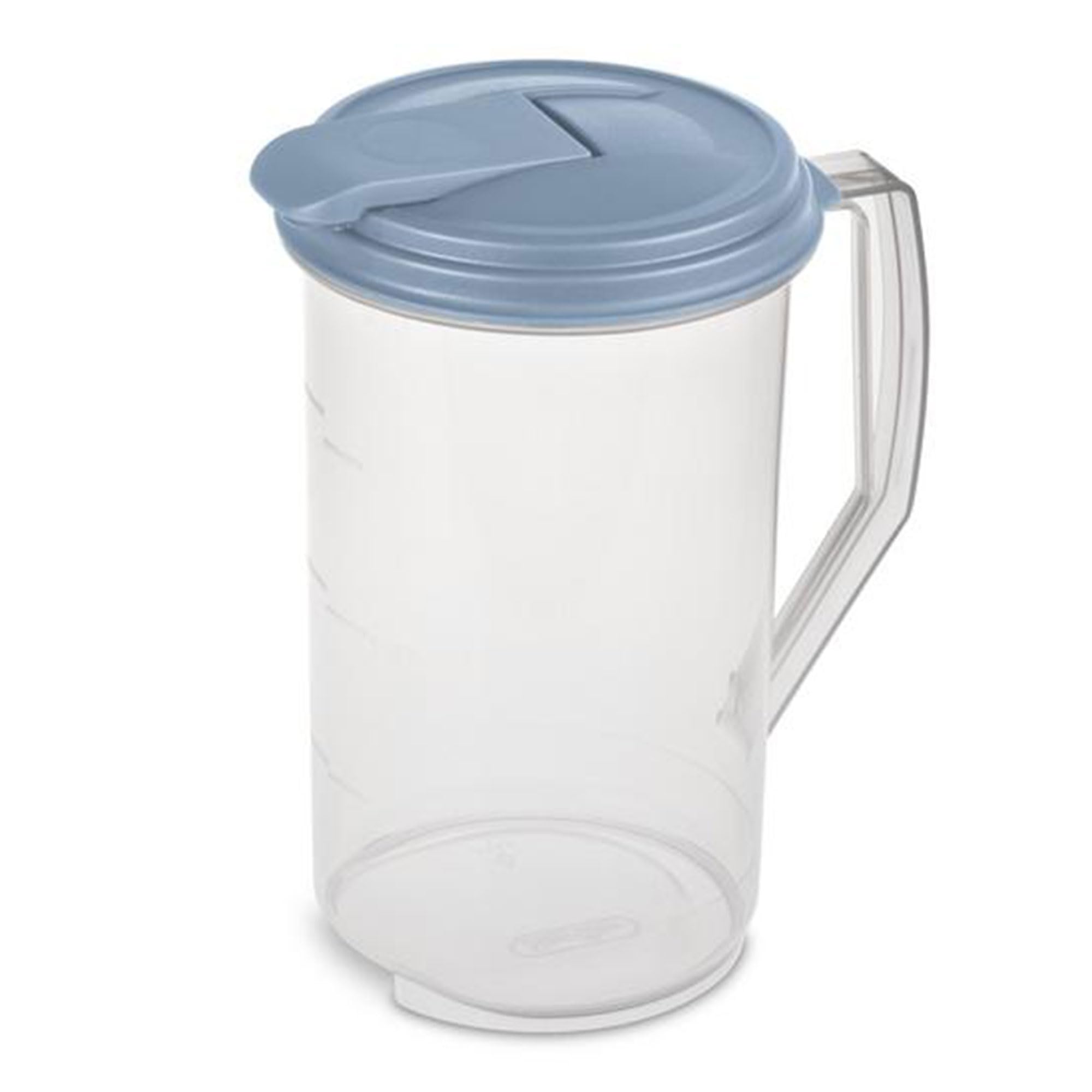 Sterilite 2 Quart Clear Round Plastic Pitcher with Blue Lid - Dishwasher Safe, Easy Pour Spout & Handle - 18-Pack for Kitchen, Parties, Restaurants & Catering