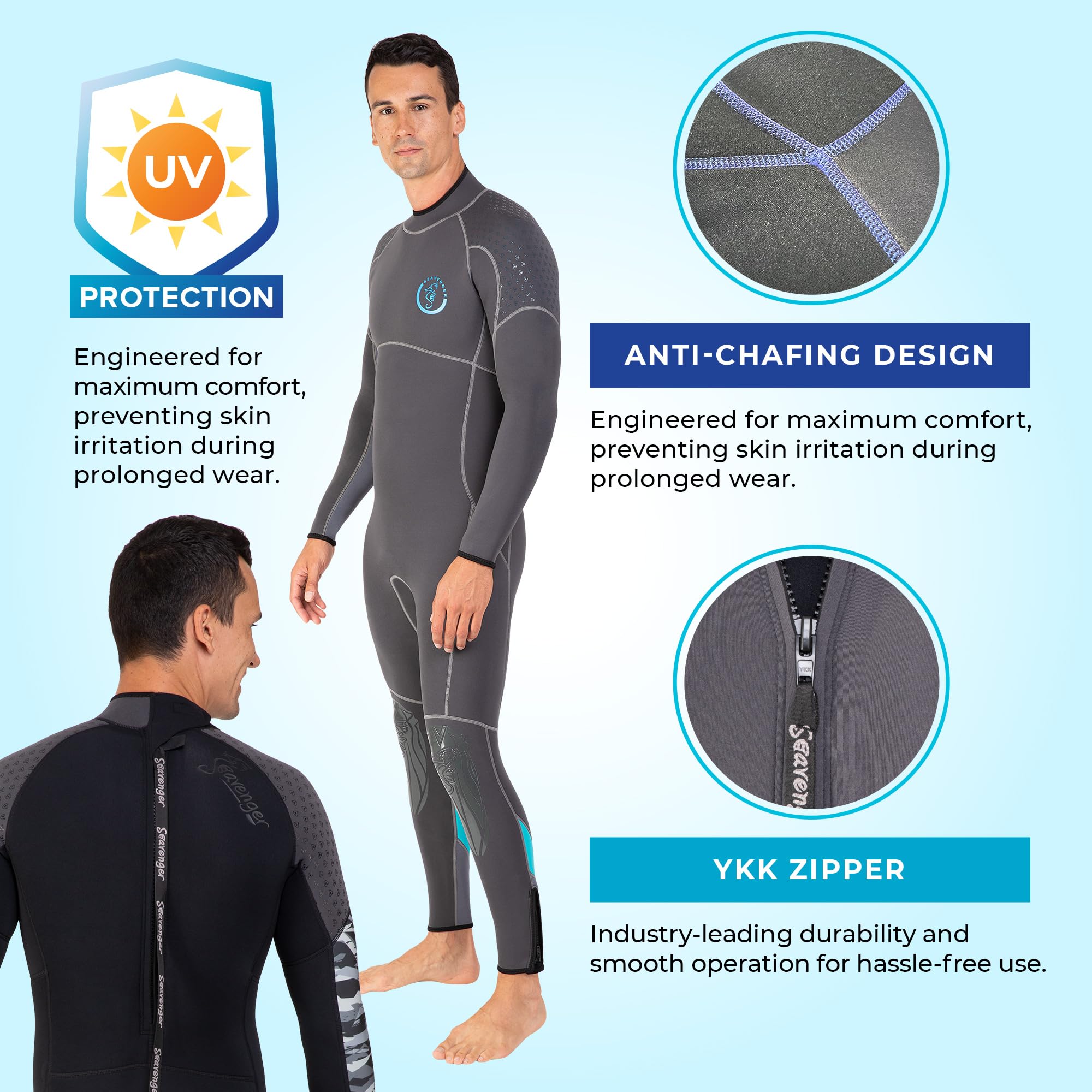 Seavenger Bravo 3/2mm Neoprene Full Body Wetsuit for Men & Women - Scuba Diving, Surfing, Snorkeling & Water Sports