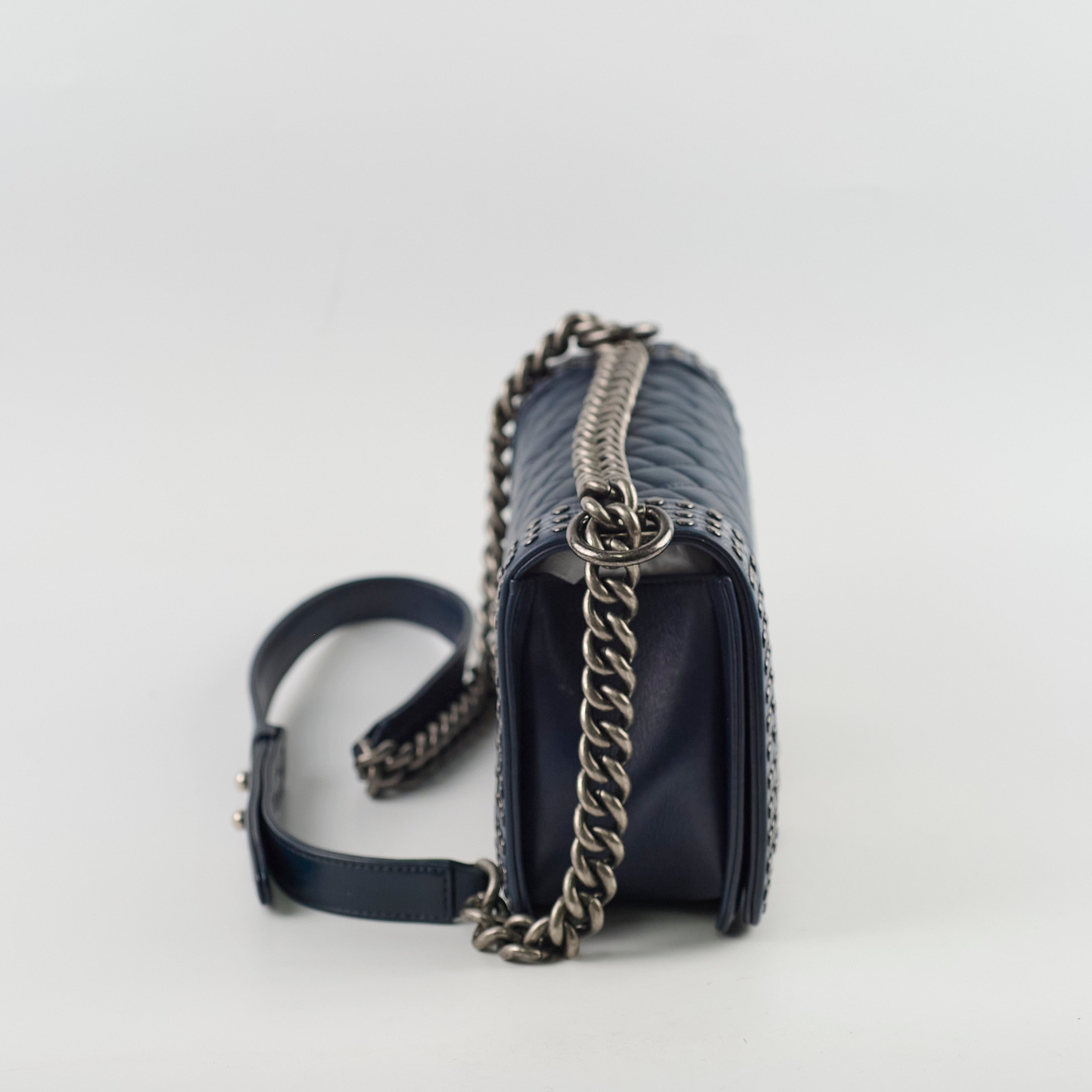 Chanel Old Medium Boy Bag in Navy with Studded Details - Luxury Crossbody Bag for Women, Perfect for Parties & Evening Events