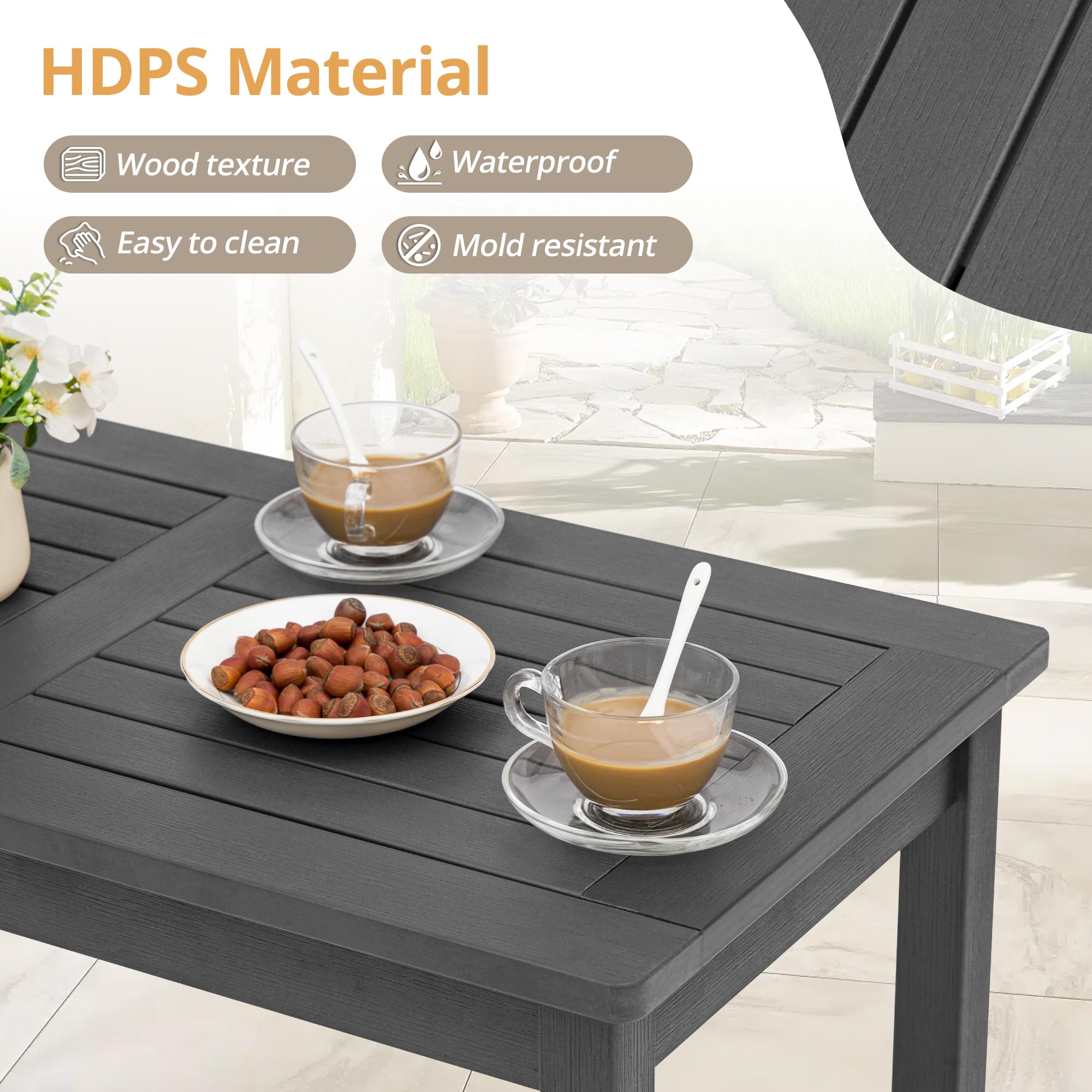 LUE BONA Outdoor Rectangle Coffee Table - All-Weather HDPS Patio Table with Slatted Tabletop for Deck, Garden, Balcony - Indoor/Outdoor Use - Dark Gray | Perfect for Backyard, Poolside & Outdoor Living Spaces