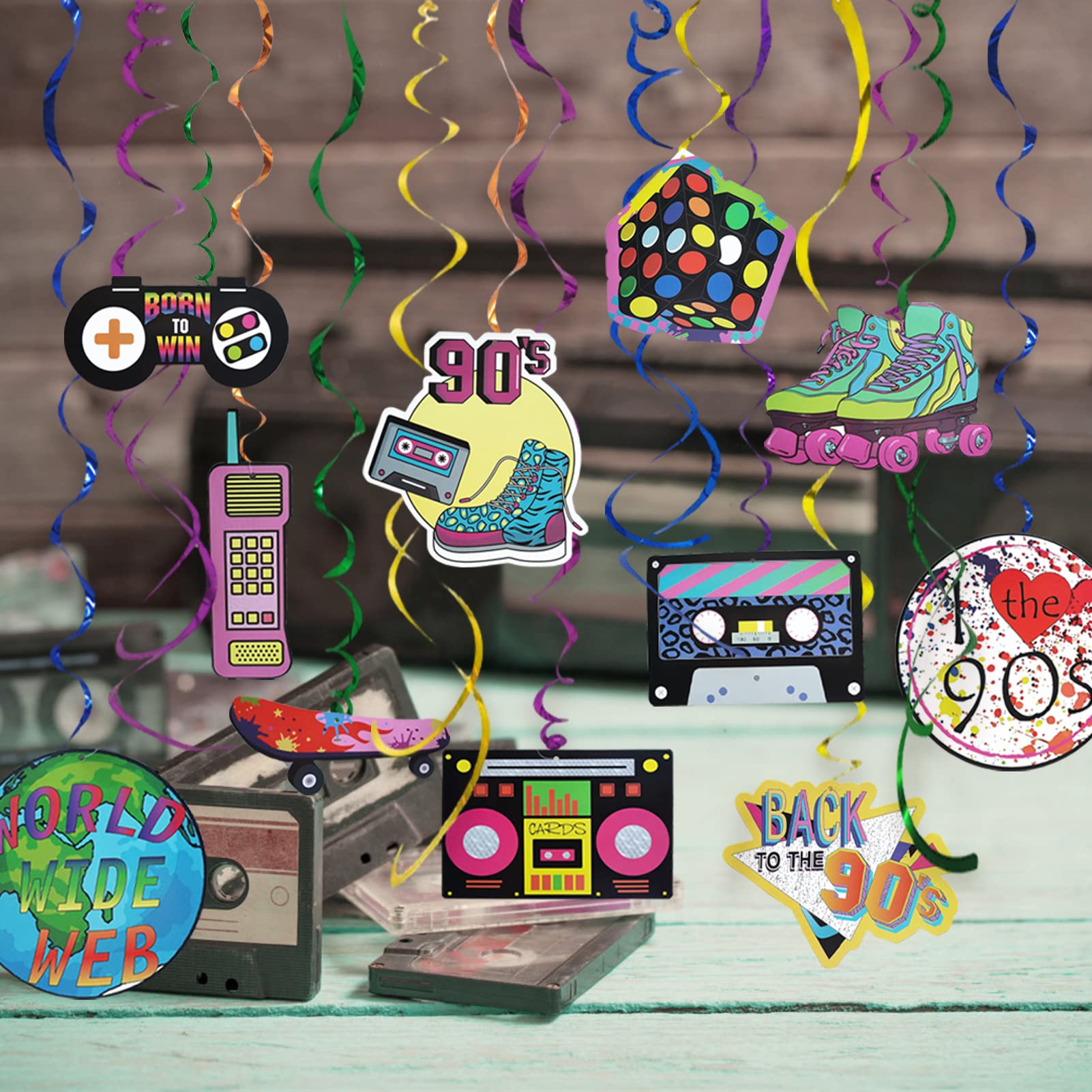 90s Party Decorations - 30 Pcs Hanging Swirls for 90s Theme Birthday, Back to 1990s Party Supplies - Perfect for Adult Retro Parties, School Dances & 90s Themed Events