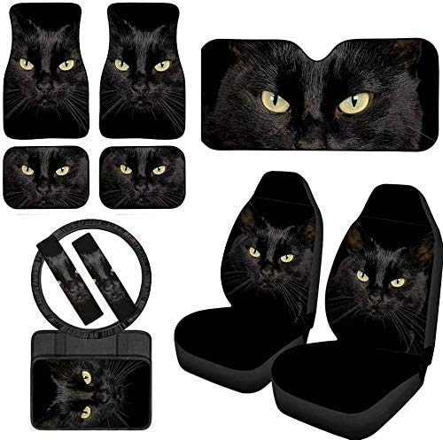 Black Cat Pattern Car Seat Covers & Auto Accessories Set - Doginthehole Neoprene Steering Wheel Cover, Floor Mats, Sun Shade, Anti-Slip Console Cover & Kids Seat Belt Pads - Perfect for Family Road Trips & Pet-Friendly Vehicles