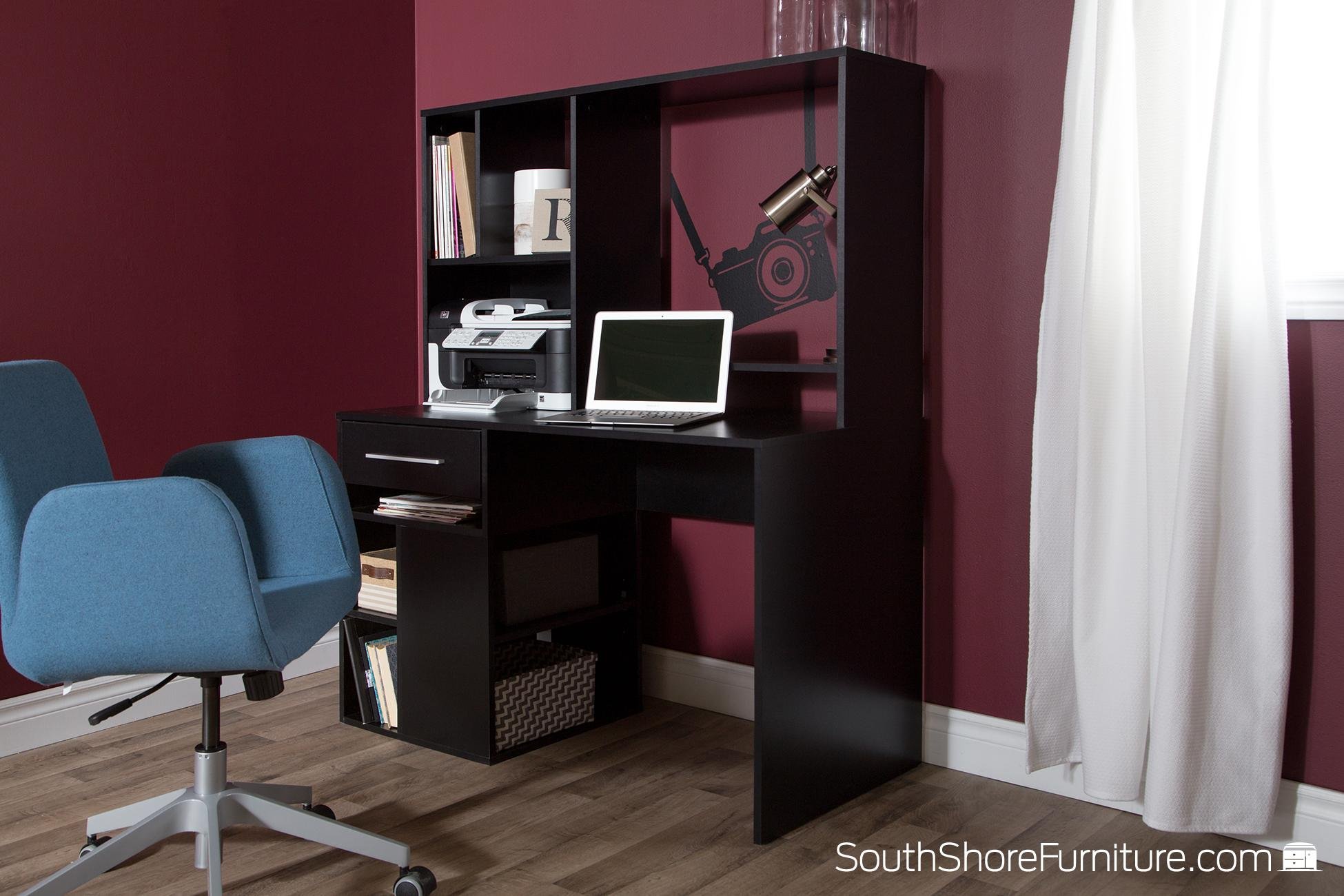 South Shore Narrow Home Office Computer Desk with Hutch in Pure Black - Perfect for Small Spaces, Work from Home & Study