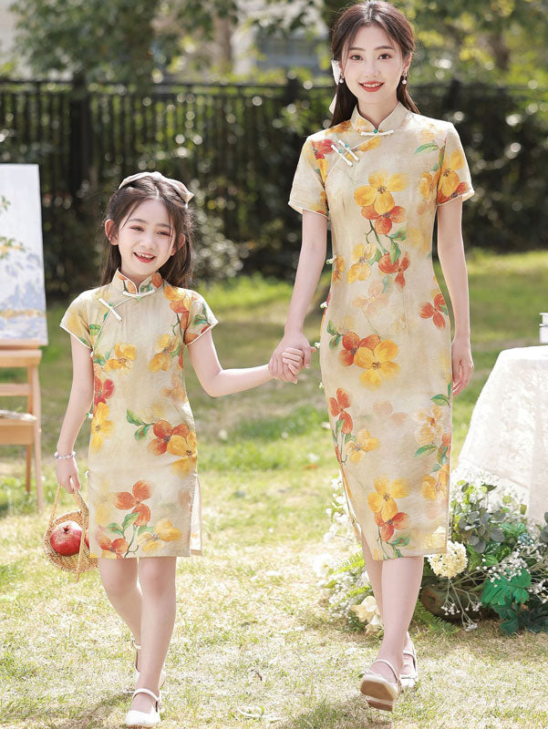Matching Mother Daughter Floral Linen Cheongsam Qipao Dress - Vintage Chinese Style Dress for Family Photos, Tea Parties & Cultural Events