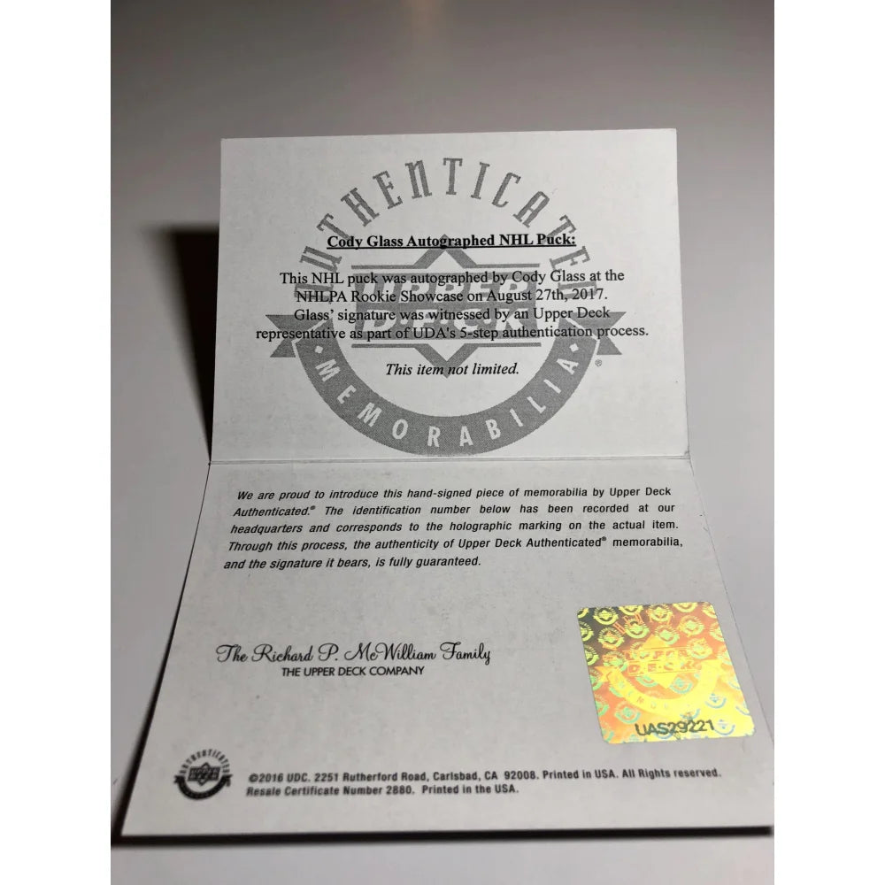 Authentic Cody Glass Signed Vegas Golden Knights Puck with Display Case & UDA COA - VGK Hockey Collectible - Perfect for Fans, Memorabilia Displays & Sports Gifts