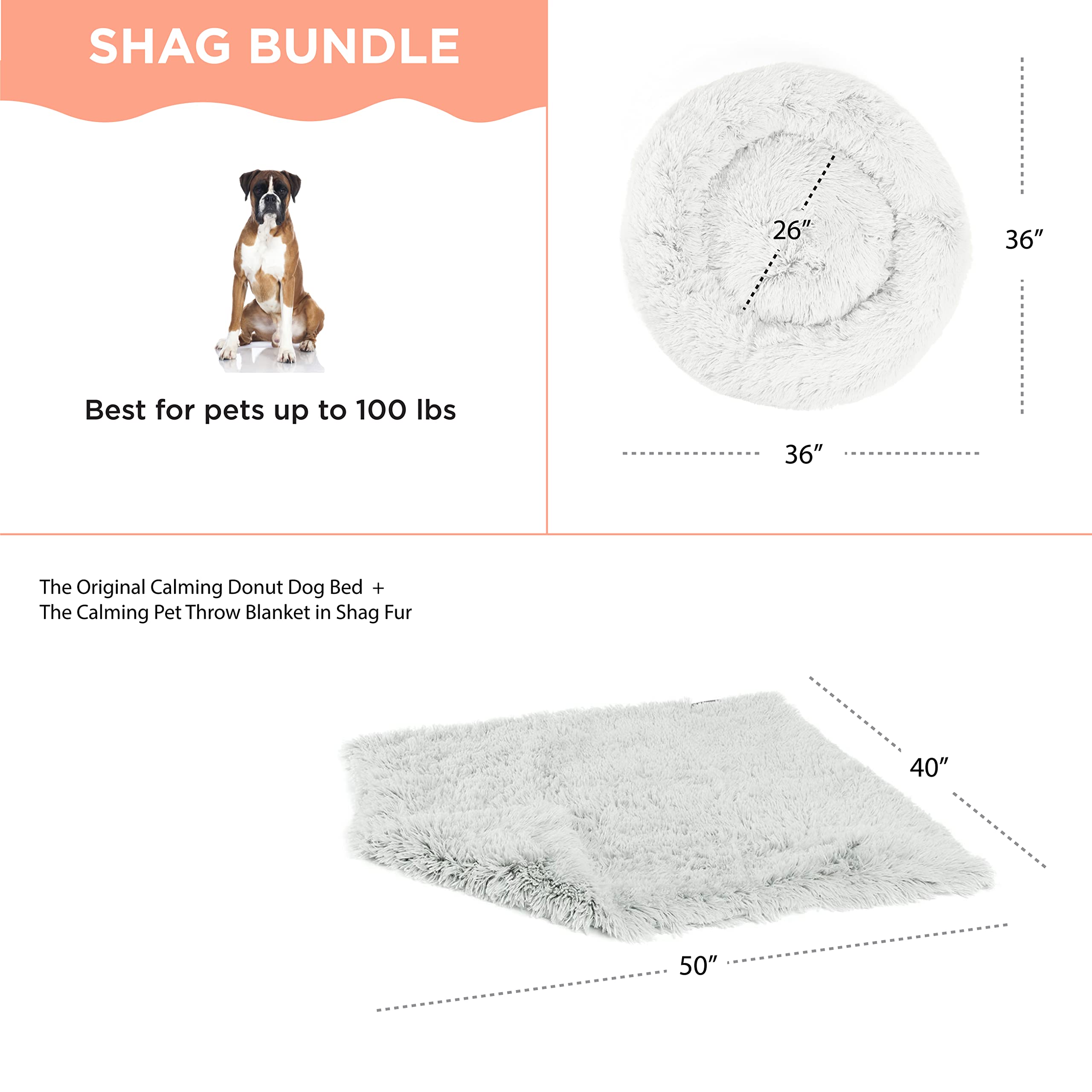 Best Friends by Sheri Bundle Set - Original Calming Shag Donut Cuddler Pet Bed & Throw Blanket for Cats & Dogs (Frost, Large 36x36) - Cozy Sleeping & Cuddling Solution for Pets