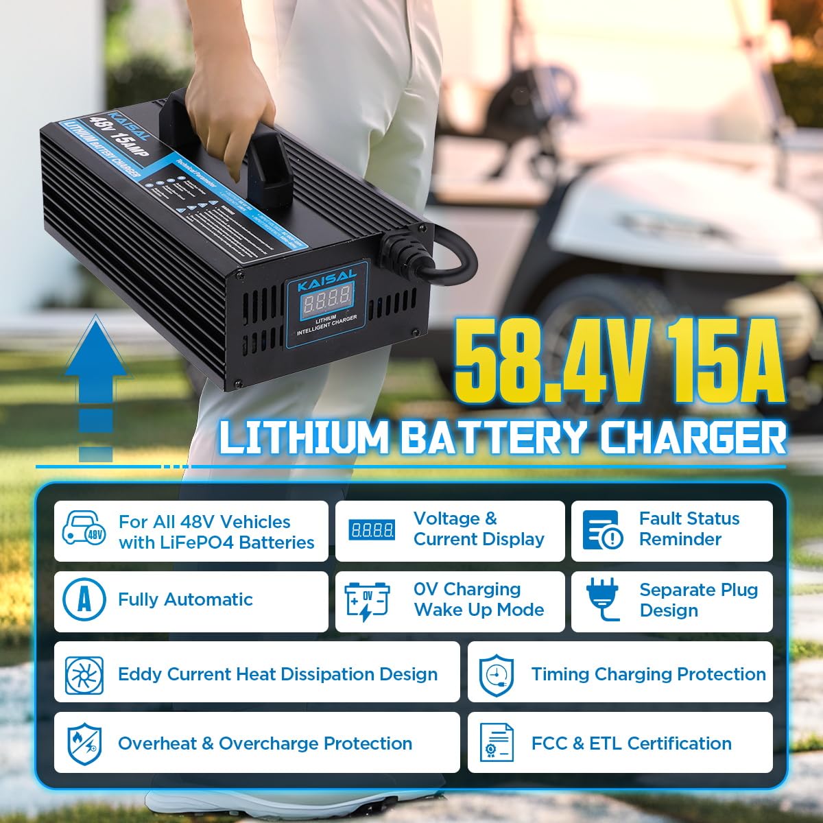 KAISAL 48V/58.4V 15A Lifepo4 Battery Charger - Waterproof IP68 Lithium Golf Cart & Forklift Charger with Removable Plug | Perfect for Golf Carts, Electric Vehicles, and Industrial Equipment