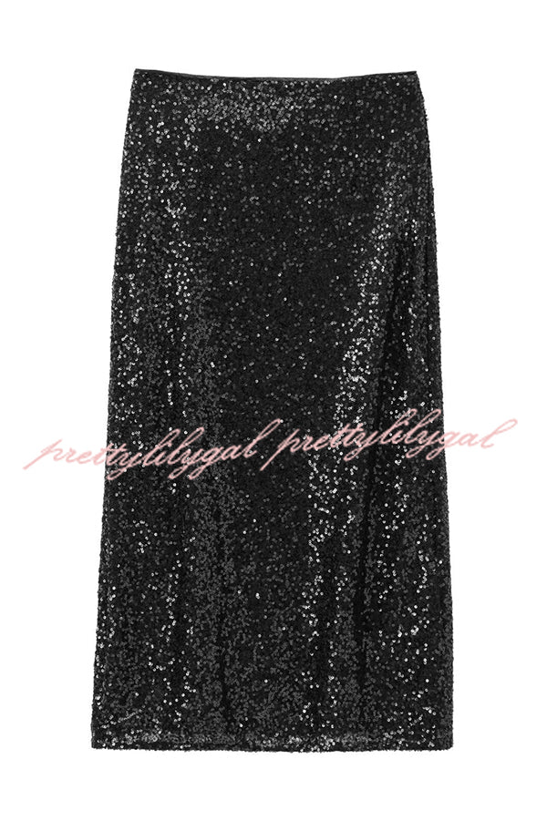 Crushing on You Sequin High Rise Wrap Tie Up Slit Midi Skirt - Perfect for Parties, Date Nights & Special Occasions