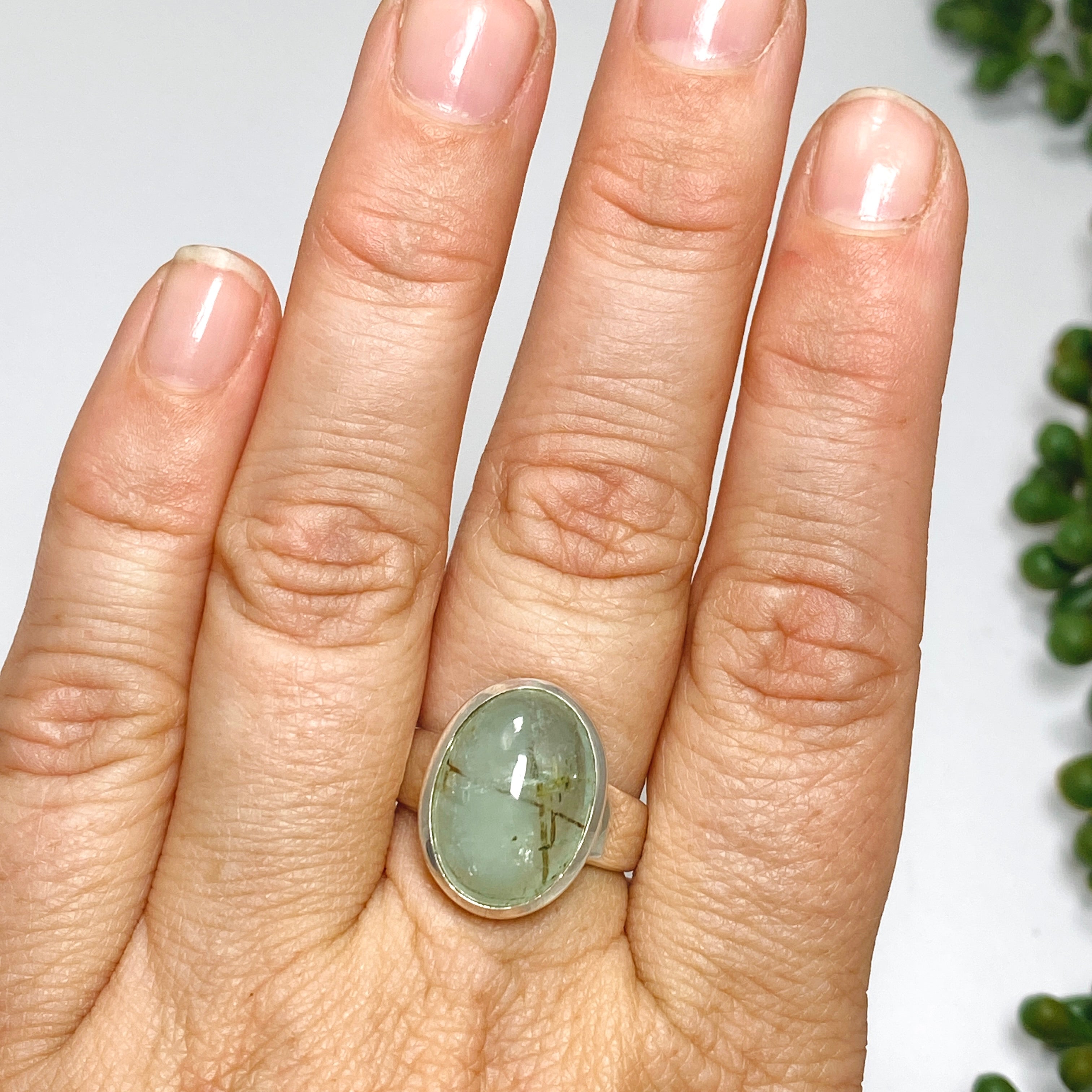 Emerald and Rutile Oval Cabochon Ring - Size 8.5 - Handmade Sterling Silver Jewelry - Perfect for Wedding, Anniversary & Special Occasion Gifts
