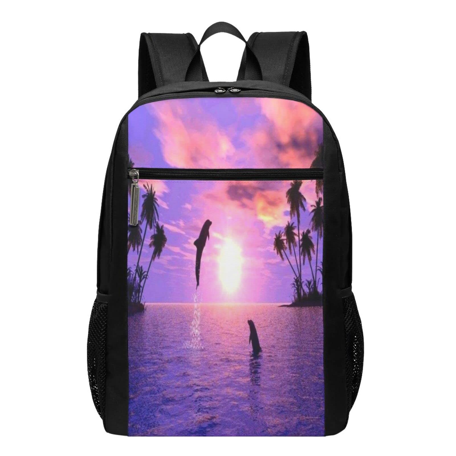 17 Inch Water Resistant Laptop Backpack - Sunset Dolphins Design, Spacious Travel & Business Computer Bag for Work, School & Daily Commute