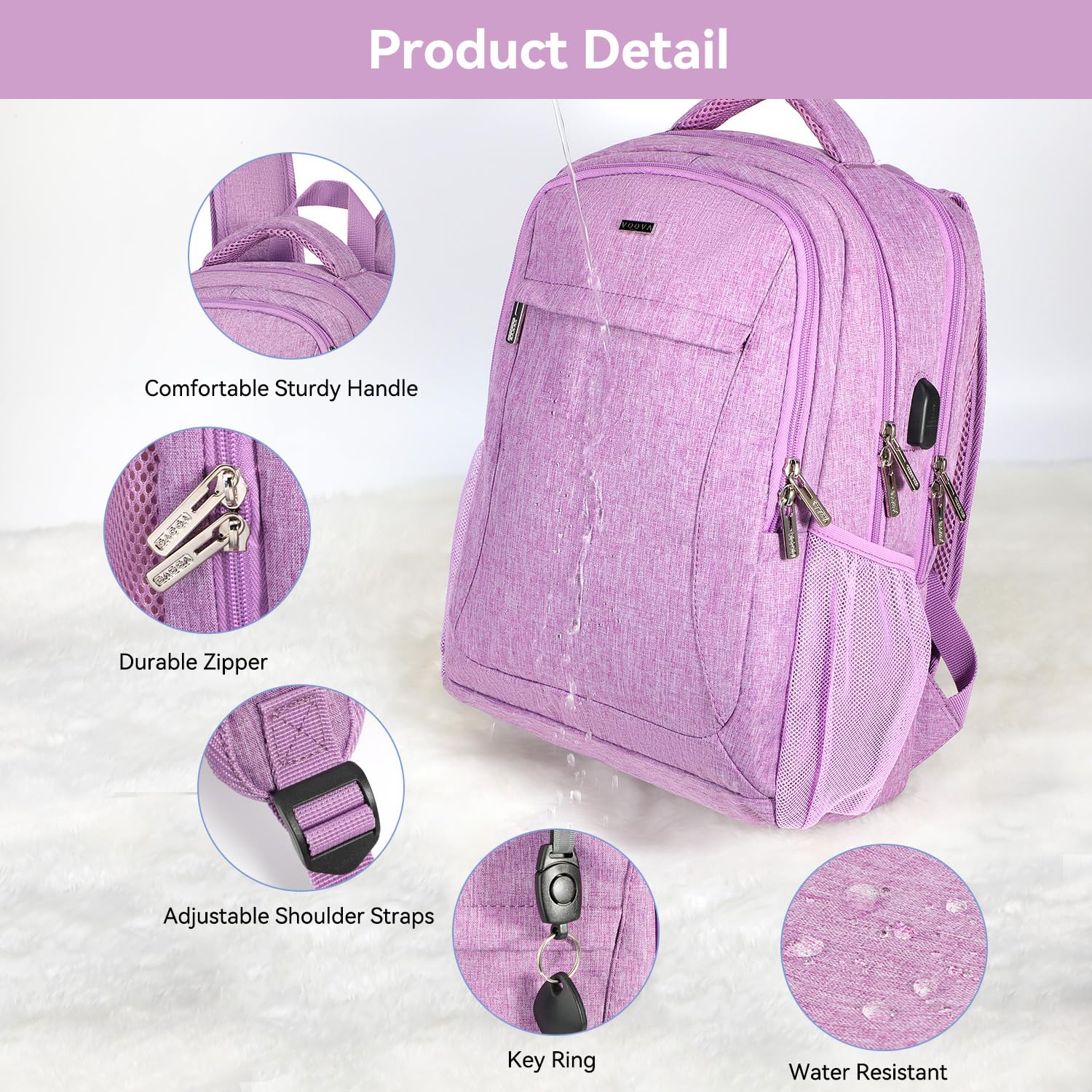 Voova Travel Laptop Backpack for Women & Men - USB Charging Port, Waterproof Slim Design, Fits 15.6 Inch Laptops - Durable Business Work & College Computer Bag (Purple) - Perfect for Commuting, Air Travel and Daily Office Use