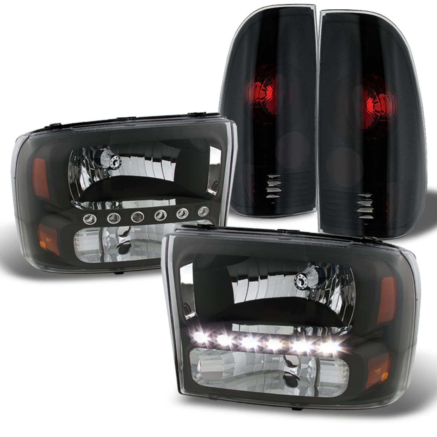 AKKON Black LED Headlights & Smoke Tail Lights Combo for Ford F250 F350 F450 F550 Super Duty - Durable Off-Road Lighting Upgrade for Trucks, Night Driving & Enhanced Visibility