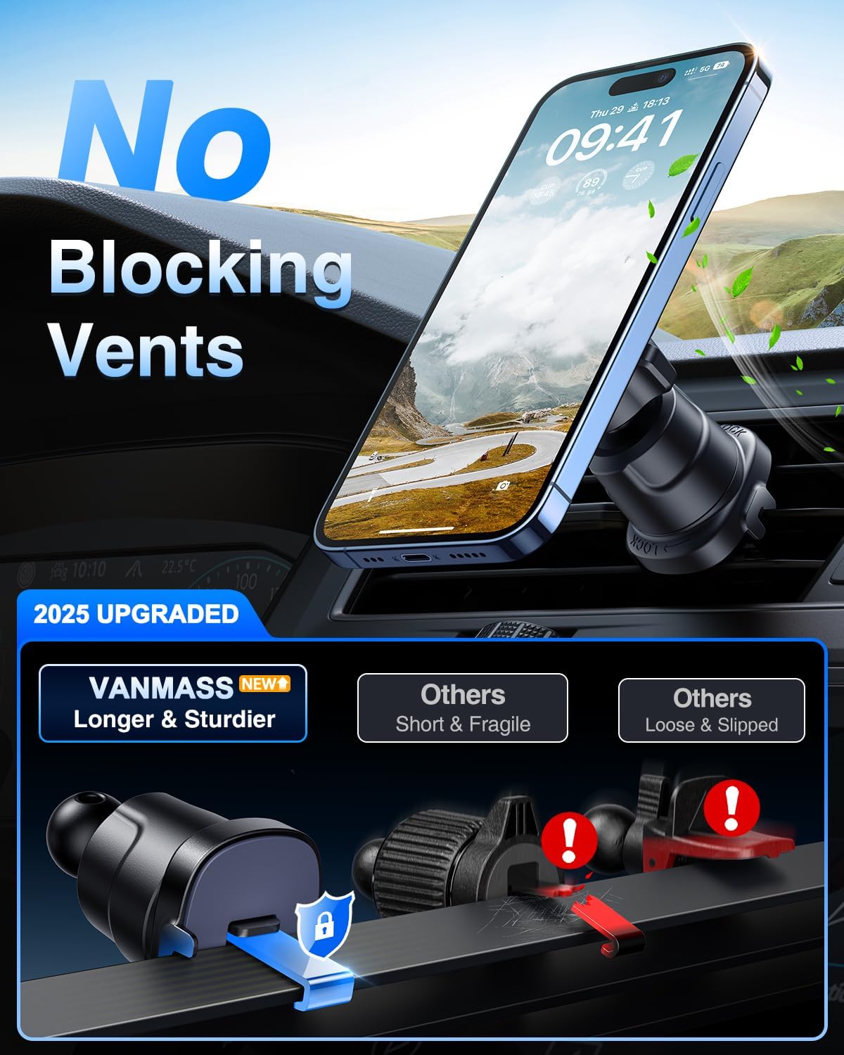 VANMASS Ultra Strong Magnetic Car Phone Holder Mount - 2025 Upgraded MagSafe Compatible for iPhone 16/15/14/13/12/11 & Android Phones - Dashboard, Windshield & Vent Car Mount - Perfect for Driving, Navigation & Hands-Free Calls