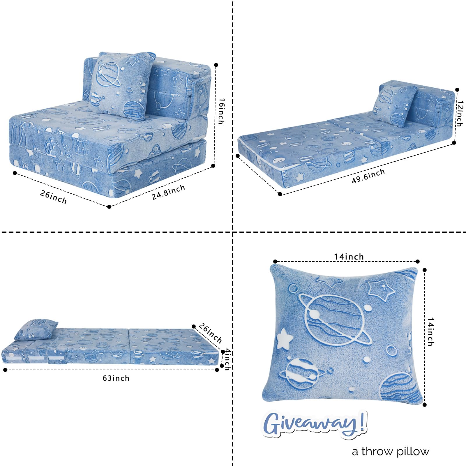 MeMoreCool Glow in the Dark Space-Themed Kids Sofa Bed - Tri-Fold Convertible Futon Chair & Floor Couch with Planets & Stars - Perfect for Playroom, Bedroom & Sleepovers