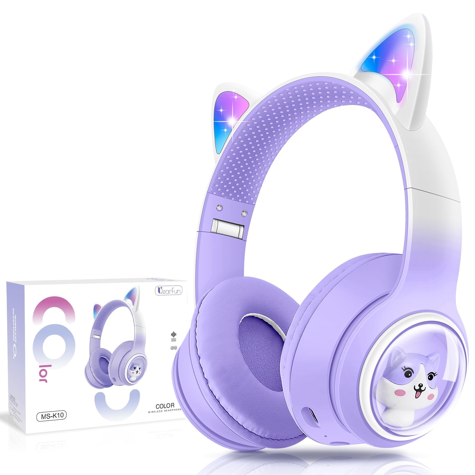 QearFun Wireless Cat Headphones for Kids & Teens - Bluetooth Headphones with Microphone, 3.5mm Jack, Adjustable Headband - Perfect for School, iPad, Tablet, PC (Purple) - Ideal for Online Classes, Gaming & Music Listening