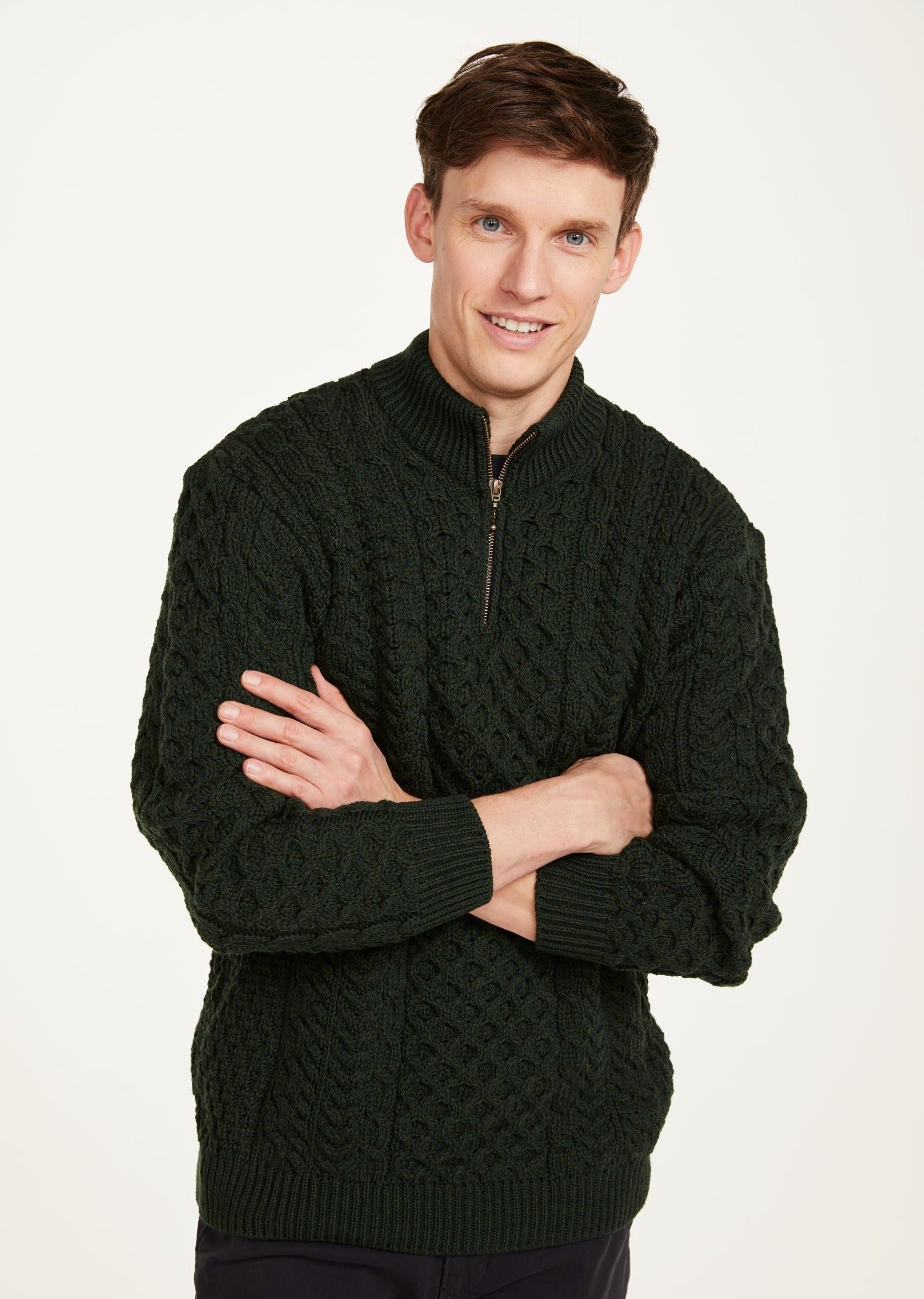 Ballycroy Men's Aran Half Zip Sweater - Green Irish Wool Pullover for Casual Wear & Outdoor Activities