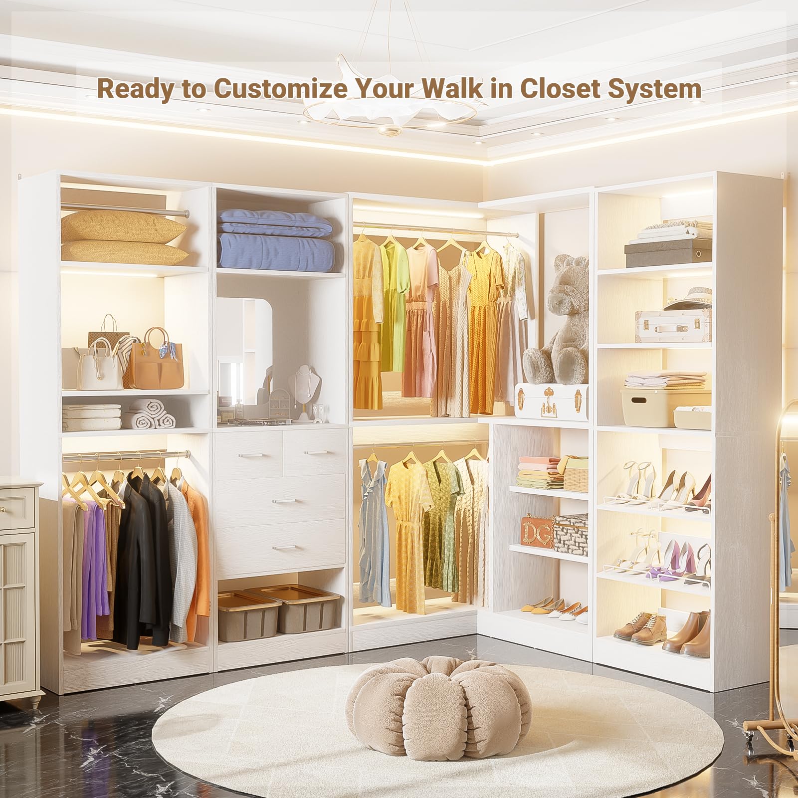 Unikito 36 Inch Freestanding Closet Organizer System - Large Corner Closet Tower with 2 Hanging Rods & Storage Shelves, Walk-in Closet Storage Solution (36
