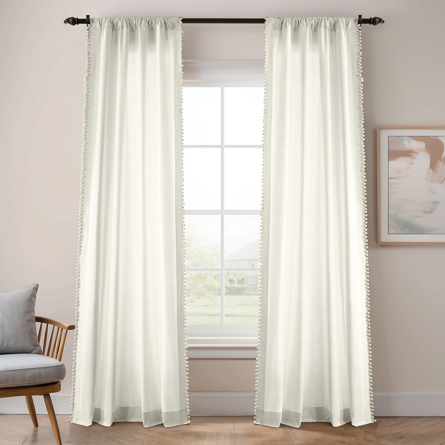 Channing White Bordered Modern Hampton Textured Cotton Light Filtering Curtains - Elegant Window Treatment for Living Room, Bedroom & Office