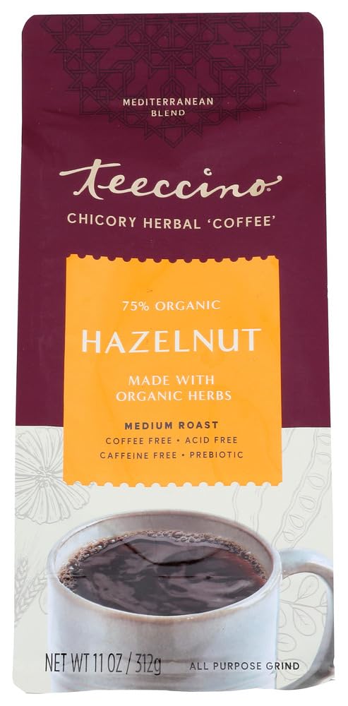 Teeccino Mediterranean Herbal Coffee - Hazelnut Flavor, Medium Roast, Caffeine Free, 11 oz - Healthy Coffee Alternative for Morning Brew & Relaxation
