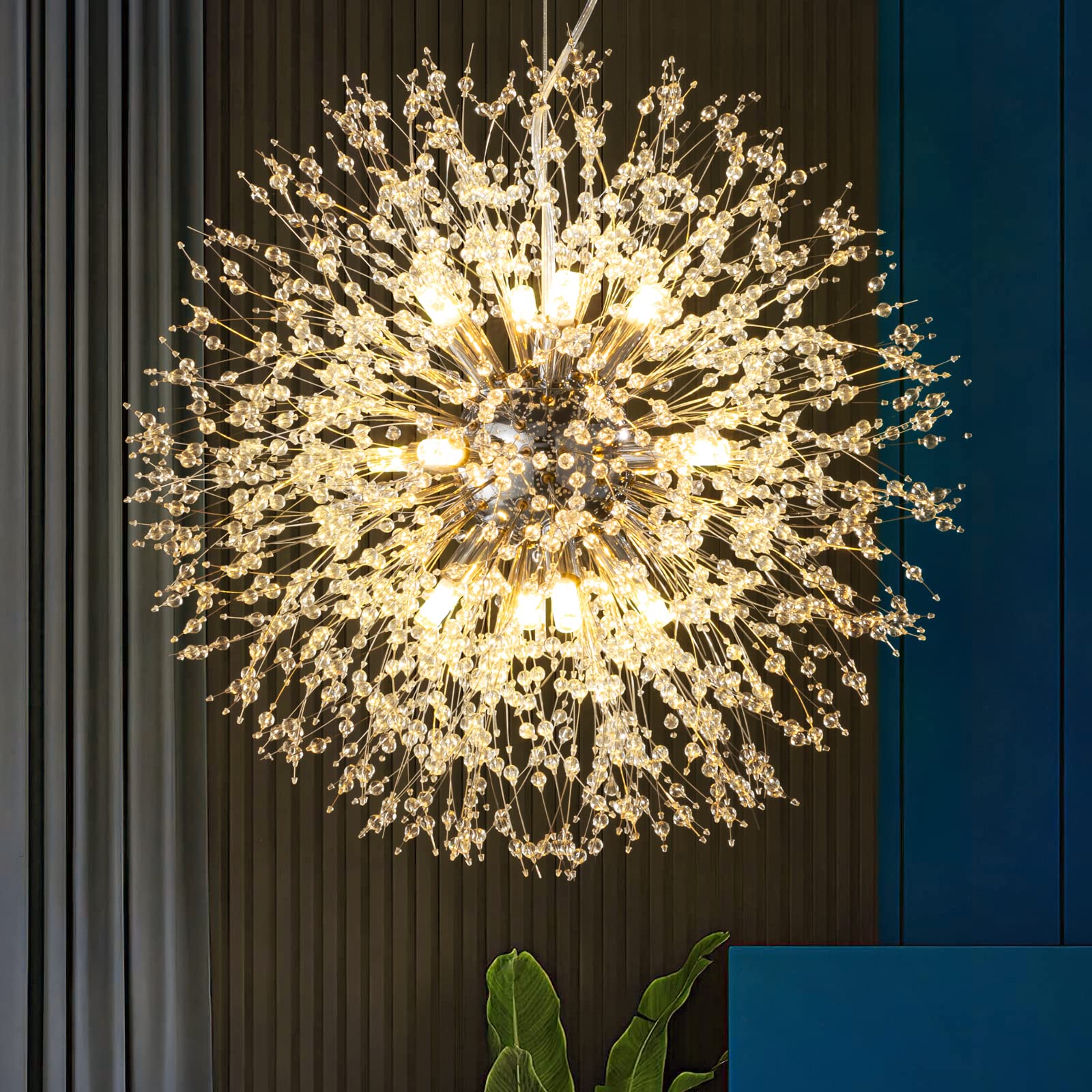Modern Firework Dandelion Sputnik Chandelier - 12-Light Crystal Chrome Pendant Lighting Fixture for Kitchen Island, Dining Room, Bedroom & Living Room | Elegant Ceiling Decor for Home & Restaurant Lighting