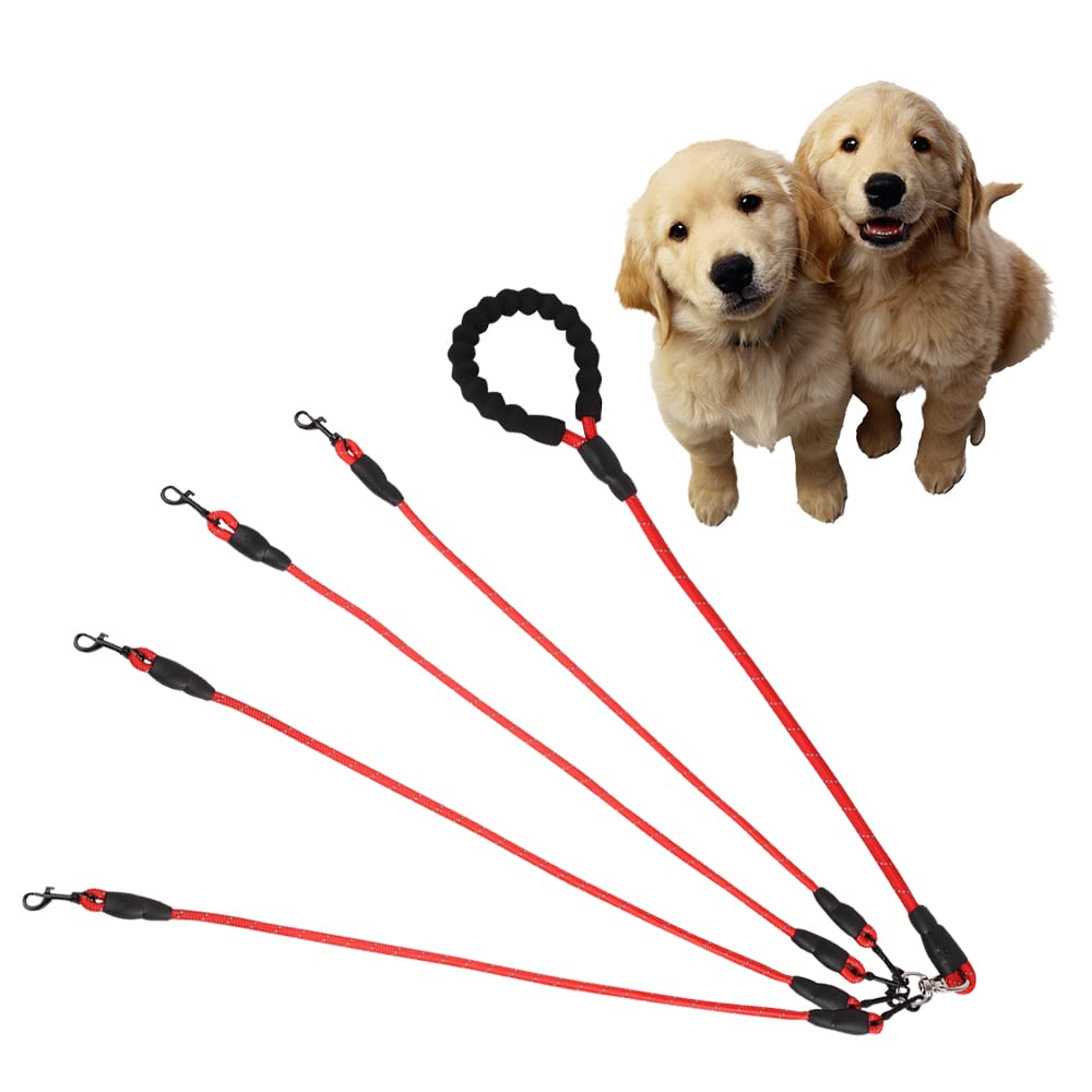 **4-in-1 Reflective Dog Leash Set – Tangle-Free 360° Swivel, Comfortable & Durable for Large, Medium & Small Dogs (Red) – Perfect for Walking, Training & Multi-Dog Owners**