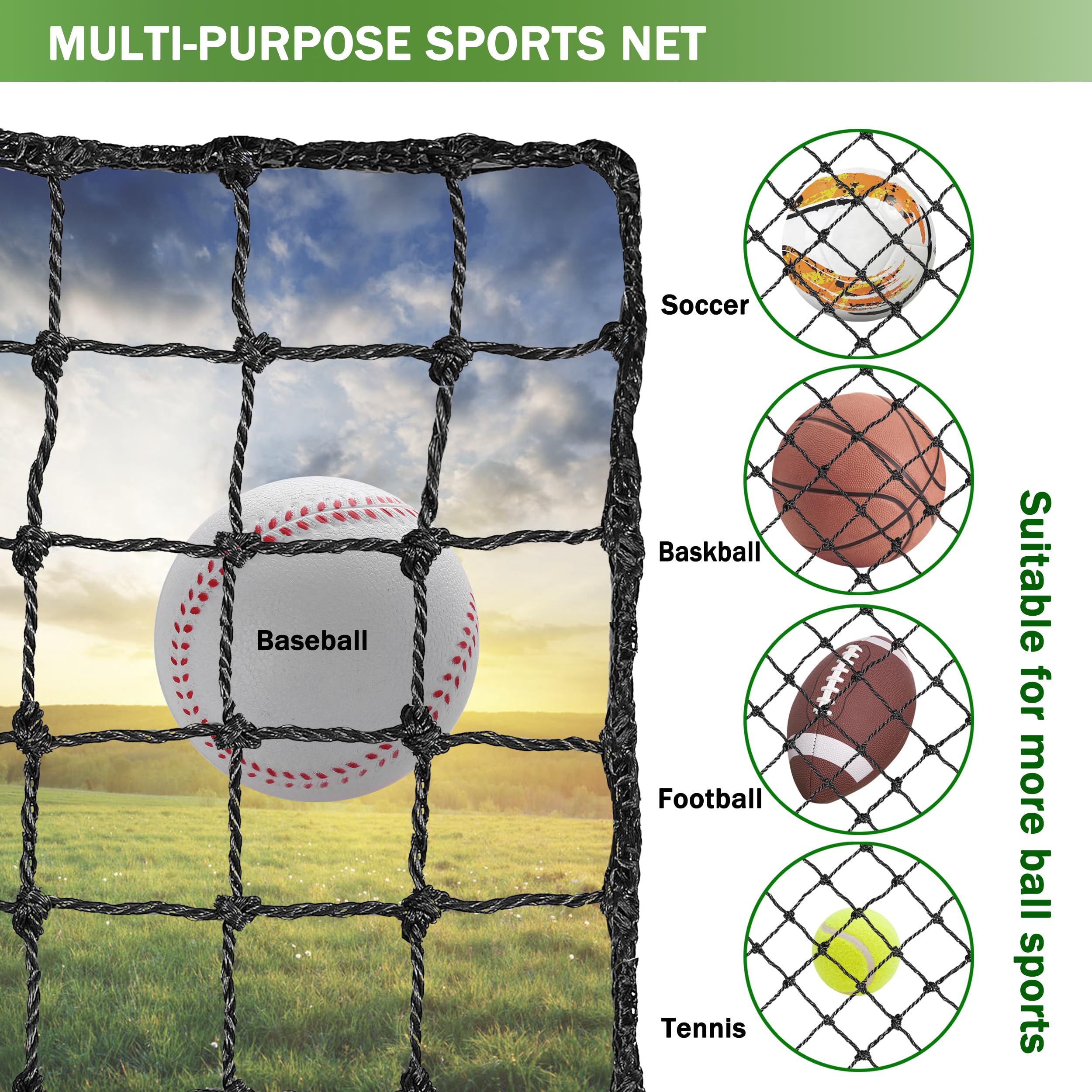 Heavy Duty Baseball Softball Backstop Net with Hanging Kit - Durable Sports Barrier Netting for Backyard, Batting Practice, and Field Training - Perfect for Baseball, Softball, and Basketball Impact Protection