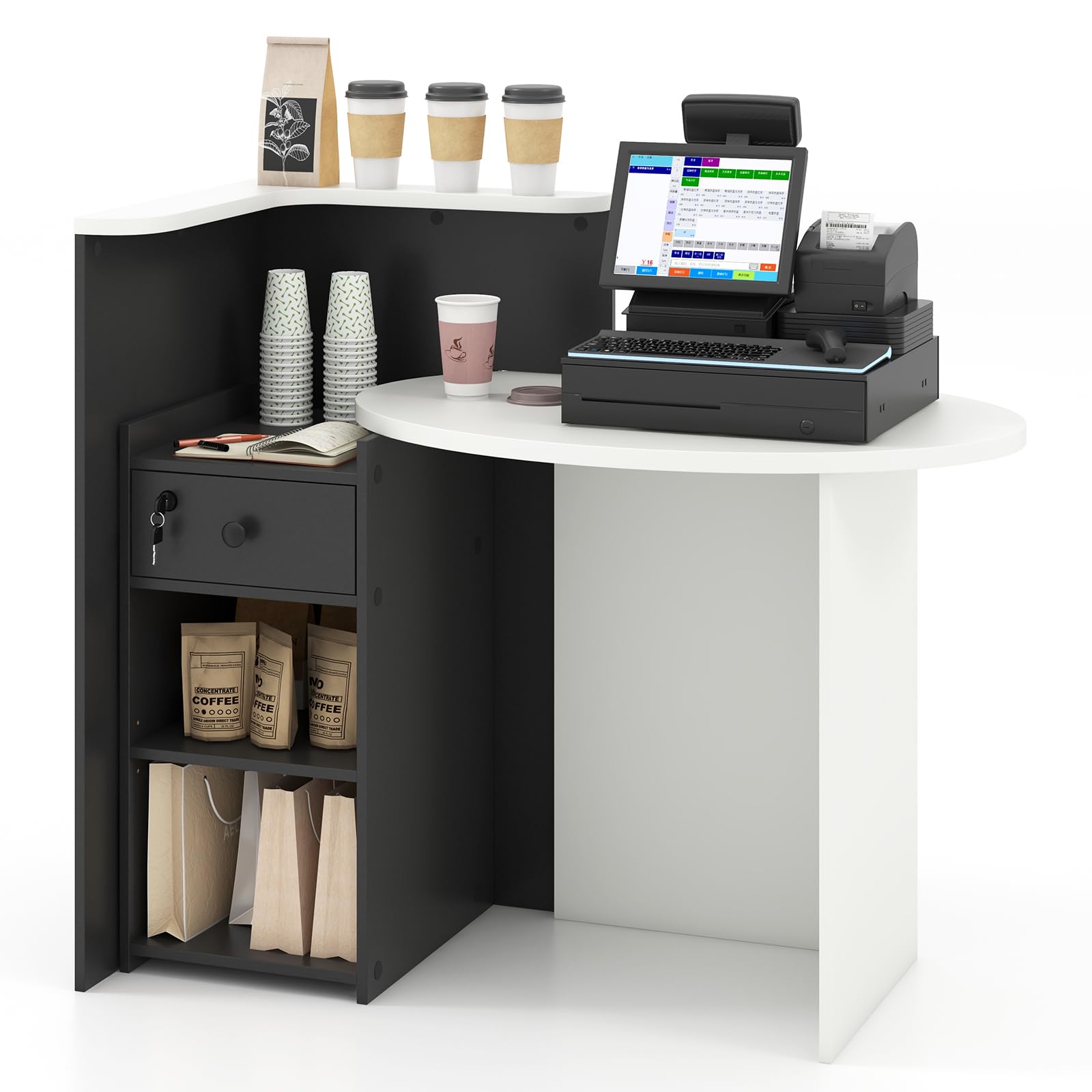 Modern Reception Desk with Oval Desktop - Open Shelf & Lockable Drawer - Small Retail Checkout Counter - Wood Computer Workstation for Home Office, Lobby, Salon & Small Business - Perfect for Customer Service Areas, Waiting Rooms & Professional Spaces