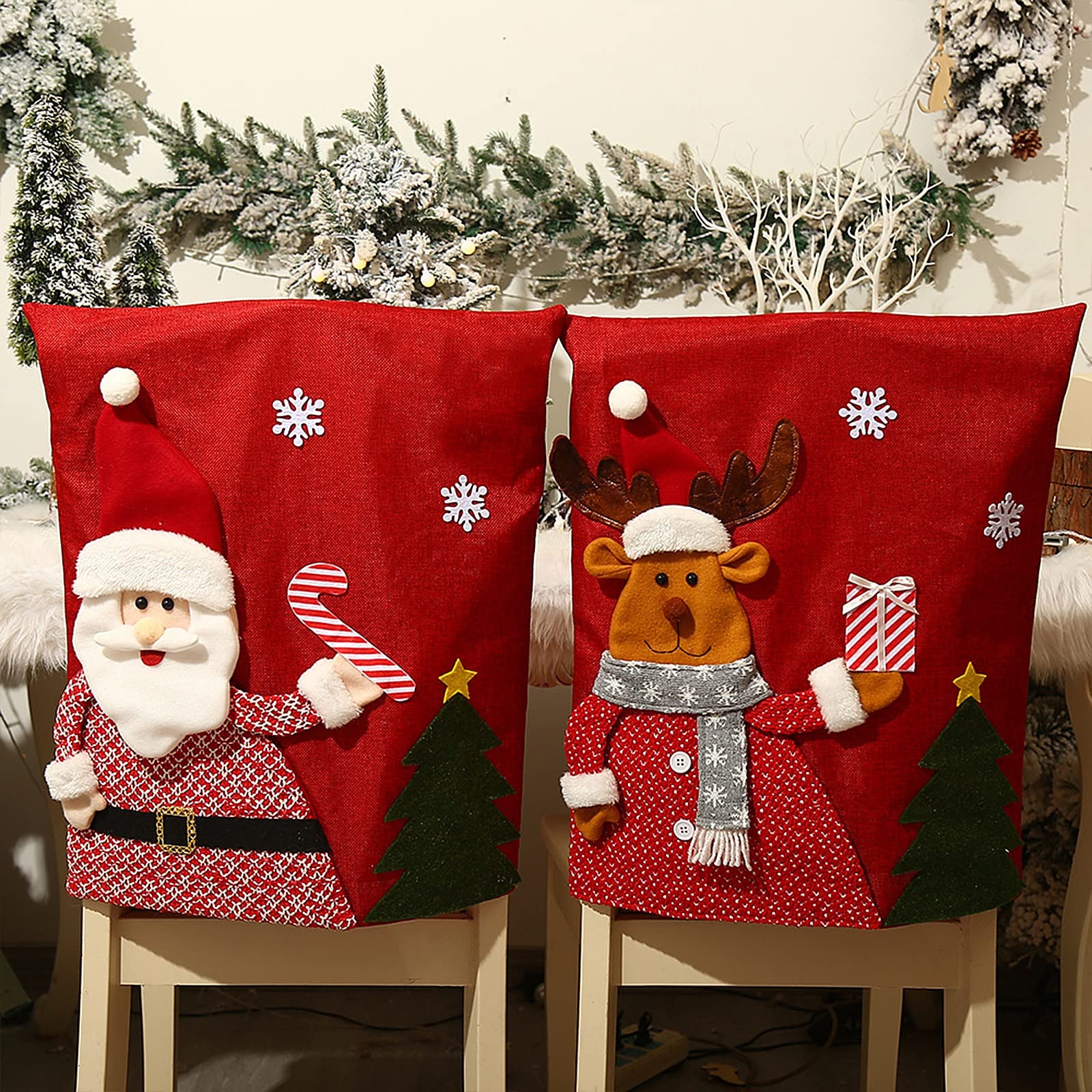 Santa Snowman Elk Christmas Chair Covers Set of 3 - Holiday Dining Chair Back Covers for Christmas Banquet, Kitchen & Dining Room Decor | Perfect for Holiday Parties, Family Gatherings & Festive Home Decoration
