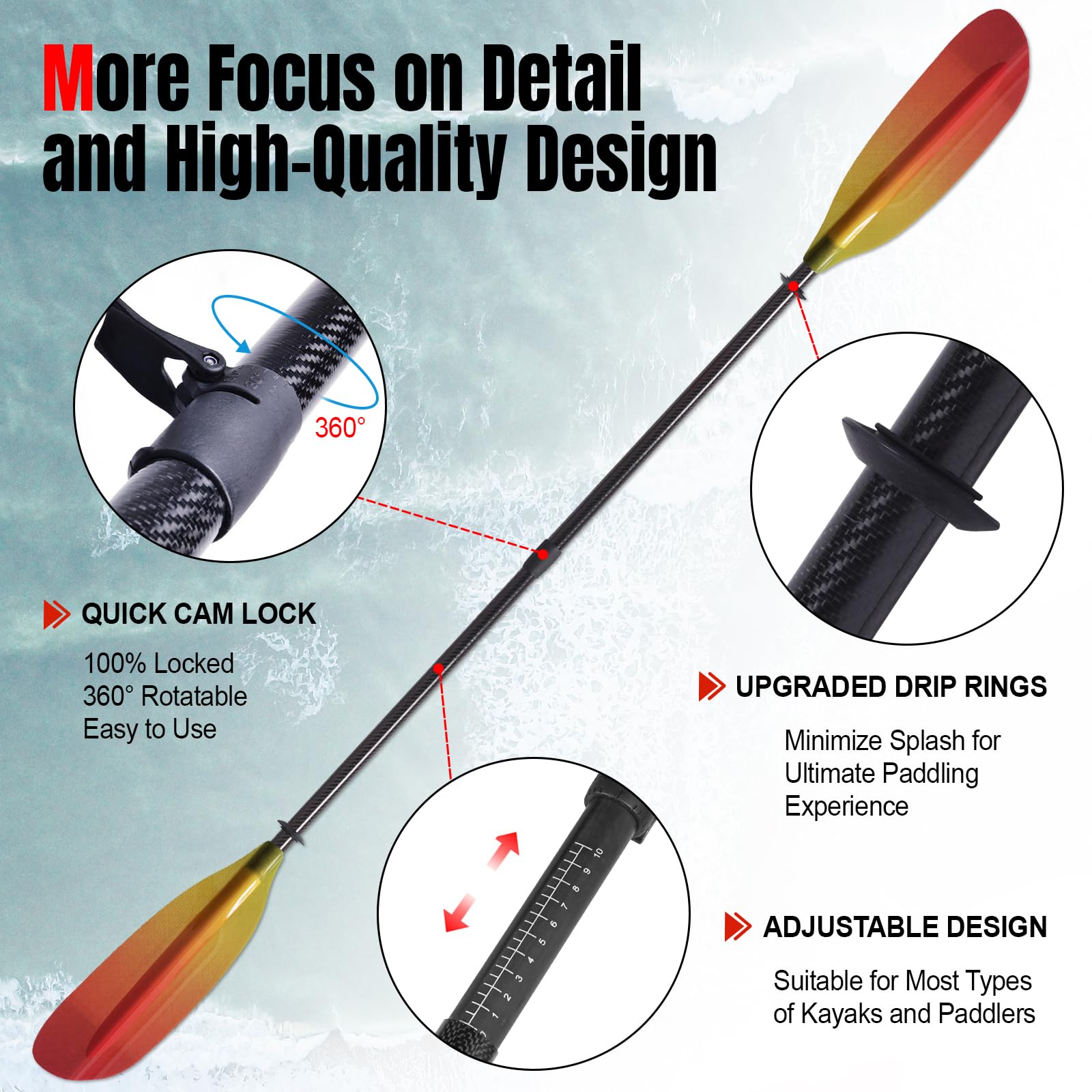 Premium Carbon Fiber Kayak Paddles with Gradient Fiberglass Blades - 3-Piece Adjustable Floating Oars (230-240cm/90-94in) for Touring, Fishing & Recreational Kayaking