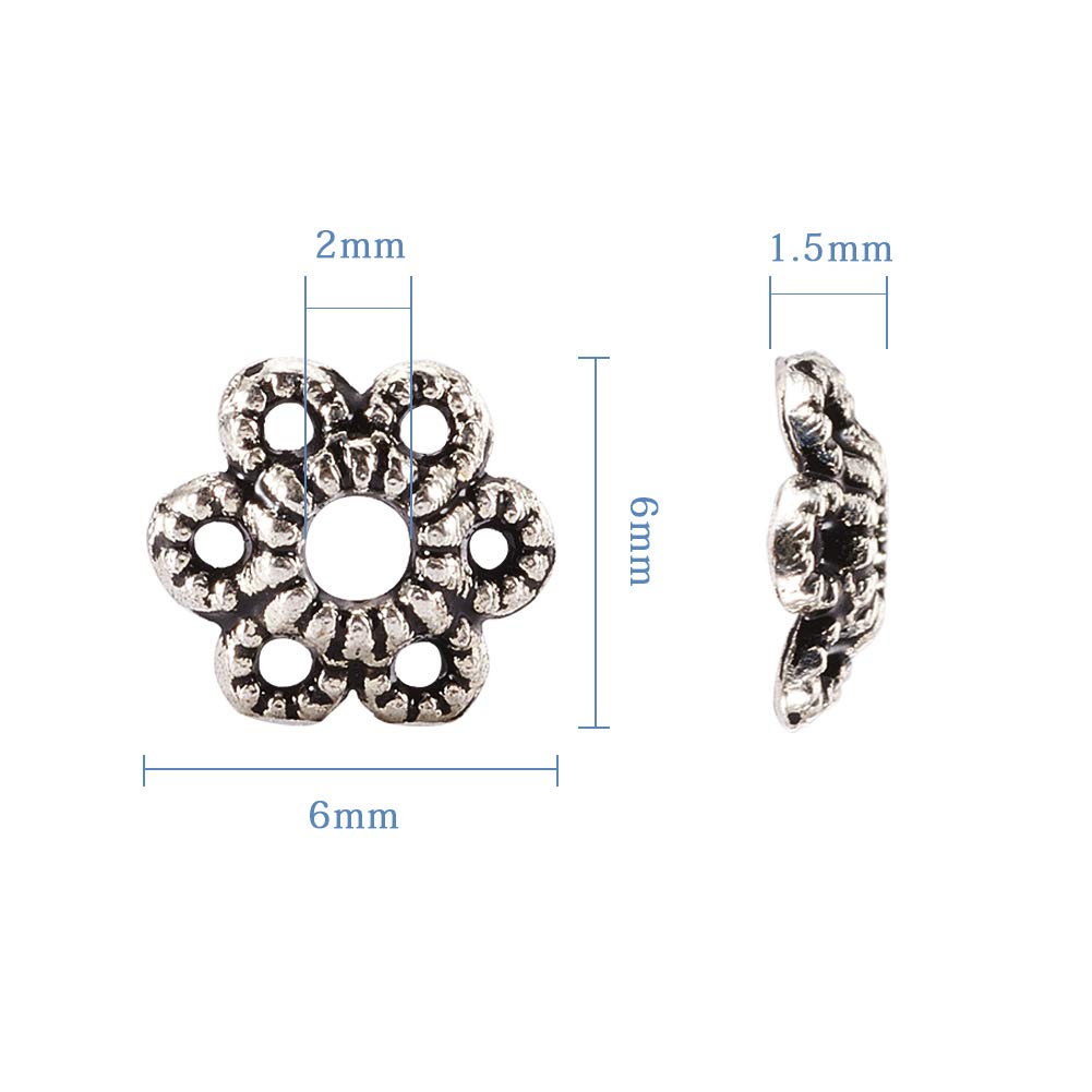 Pandahall 100pcs Tibetan Silver Hollow Flower Bead Caps 6mm Filigree Petal Spacers, Floral End Caps Bali Style Jewelry Findings for Necklace Bracelet DIY Craft Supplies, 2mm Hole, Perfect for Boho Wedding Bridal Jewelry Making