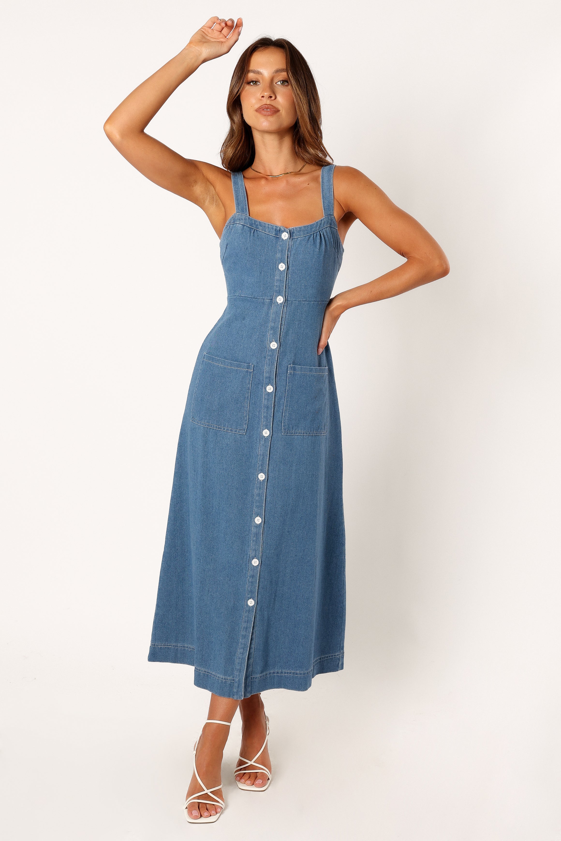 Bettie Midi Denim Dress for Women - Vintage Inspired Blue Jean Skirt Dress for Casual Outings & Date Nights