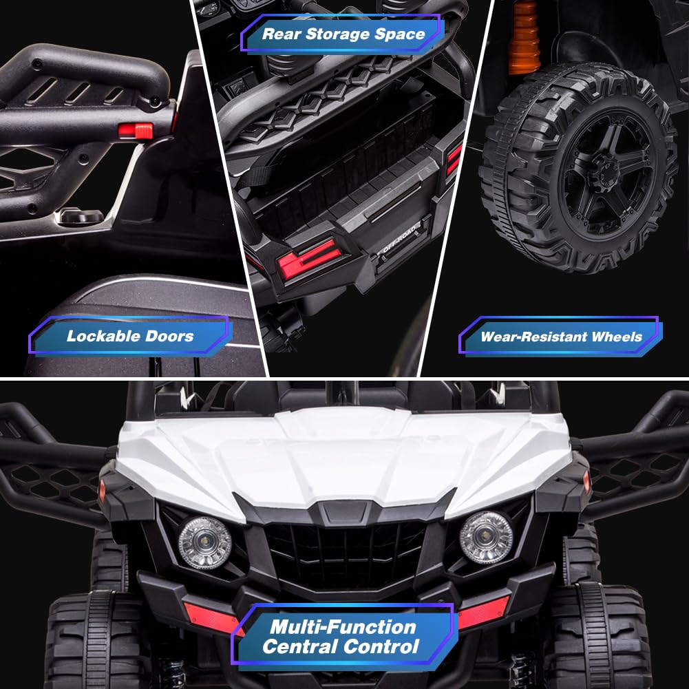 12V Battery Powered Kids Ride On Car with Remote Control - Electric Toy Vehicle for Toddlers with Spring Suspension, LED Lights, FM Radio, AUX/USB Port & Music Player (White) - Perfect for Indoor/Outdoor Play, Birthday Gifts & Family Fun Activities