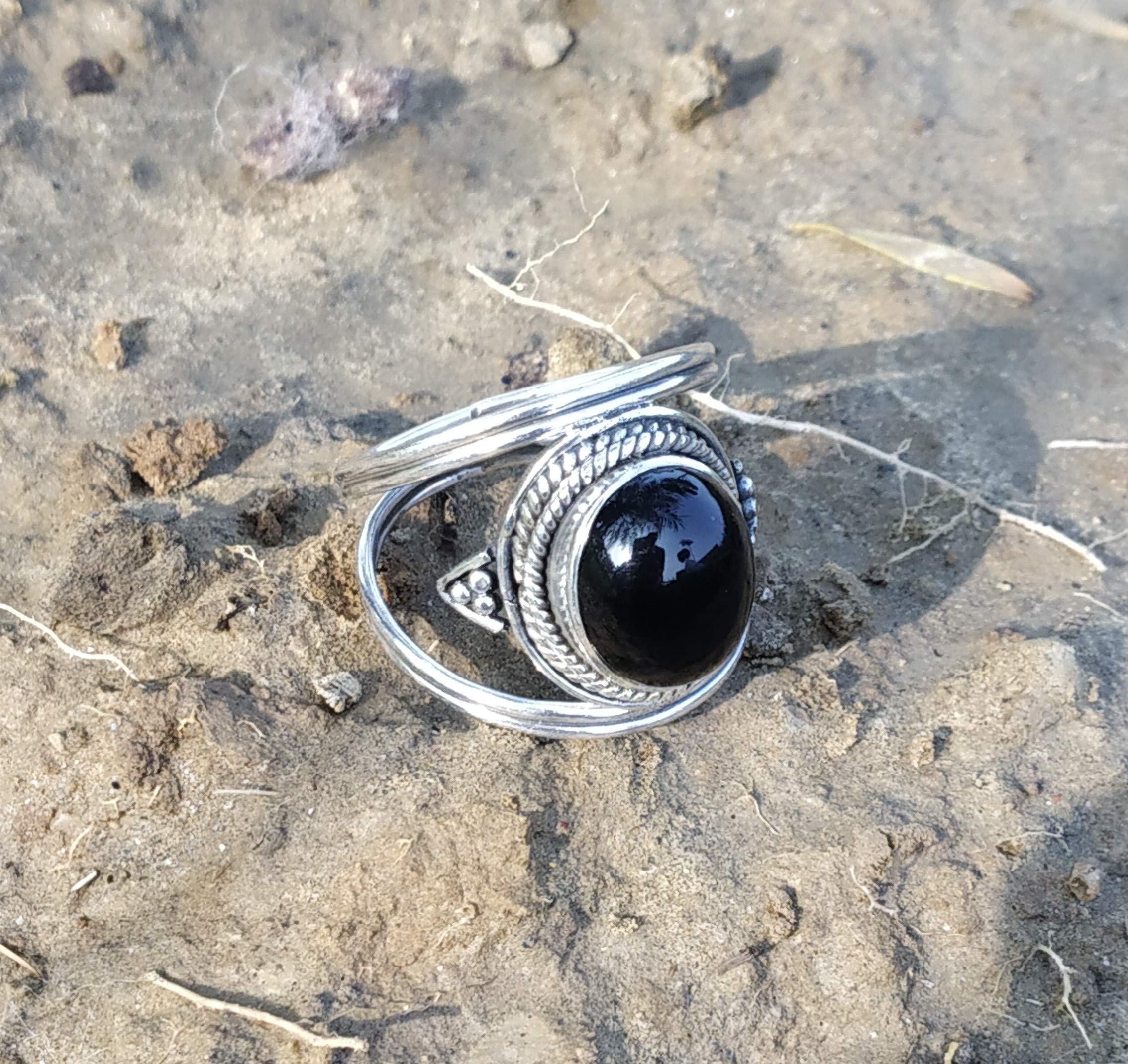 925 Sterling Silver Black Onyx Ring - Handcrafted Boho Gypsy Wedding Gift, Promise Ring & December Birthstone Jewelry for Bridesmaids | Unique Artisan Designer Ring for Women, Anniversary & Special Occasions