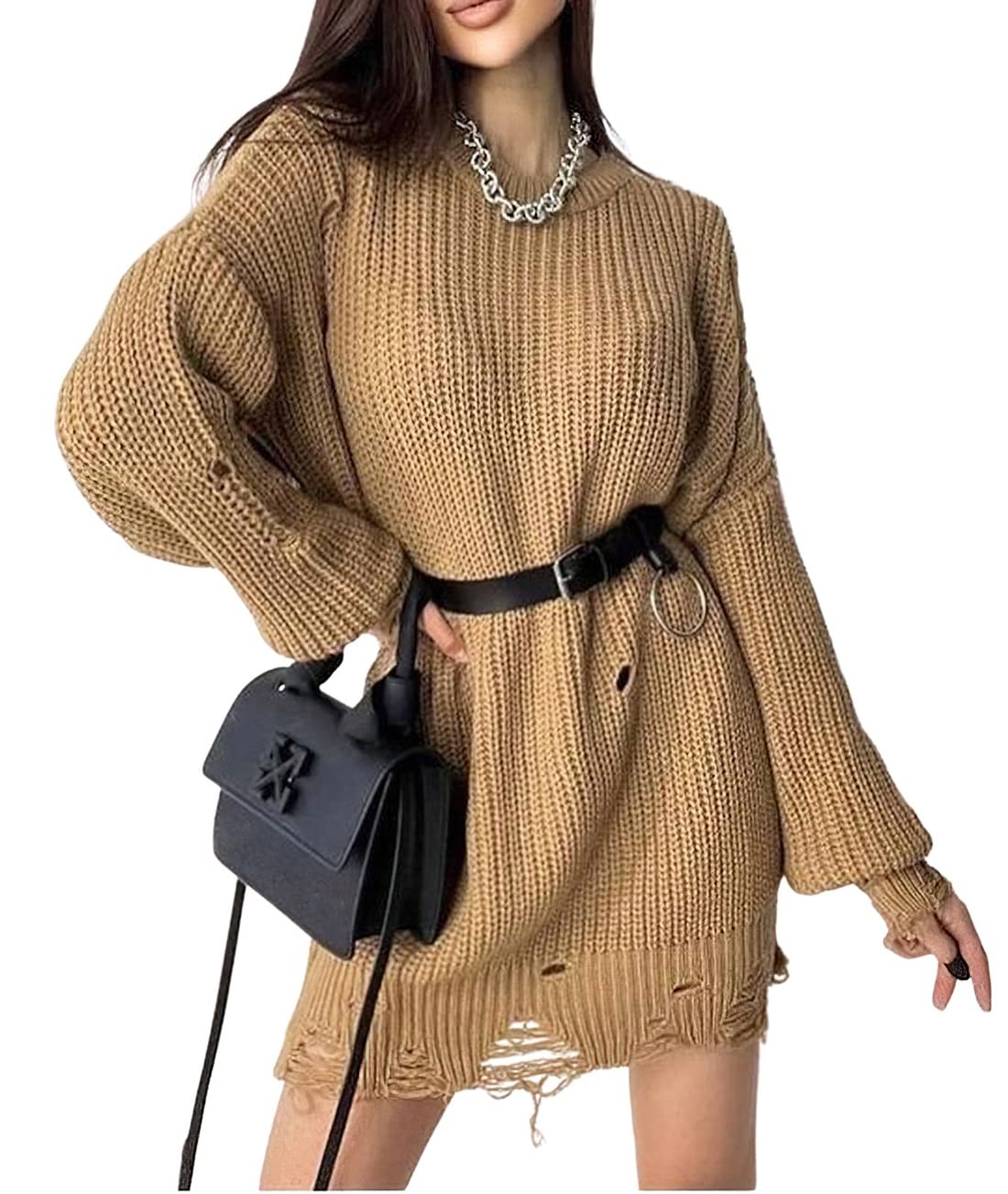 Chouyatou Women's Oversized Crew Neck Sweater Dress - Distressed Waffle Knit Fall Fashion for Casual Outings, Date Nights & Cozy Layering