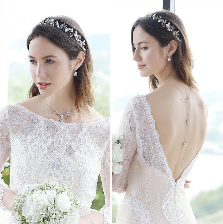 Elegant Wedding Crystal Necklace with Pearl Accents & Silver Drop Back Body Chain for Women - Perfect for Bridal, Evening Gowns, and Special Occasions