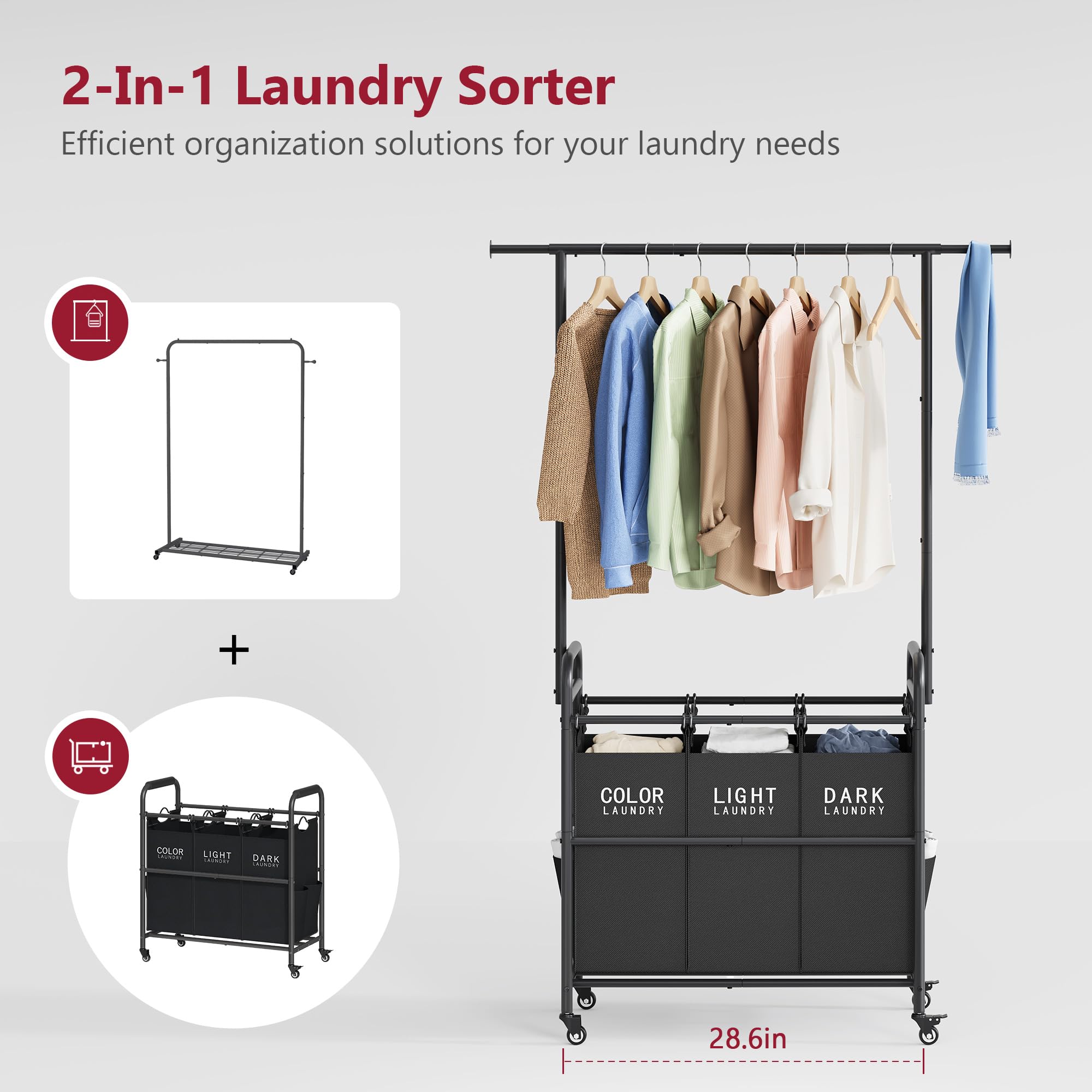 Tajsoon 3-Section Laundry Sorter Cart with Hanging Rack & Lockable Wheels - Heavy Duty Rolling Laundry Hamper for Bedroom, Closet, or Laundry Room Organization (Black)