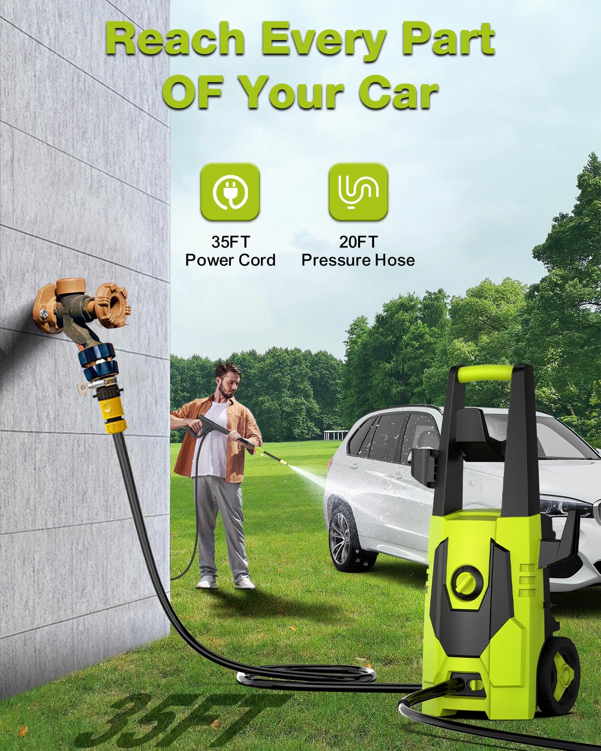 AgiiMan 4800PSI Electric Pressure Washer - 3.2 GPM High Power Washer with 35FT Cord & 20FT Hose, Soap Tank - Ideal for Car Washing, Driveway Cleaning, Patio, Deck, Fence, and Outdoor Surface Cleaning