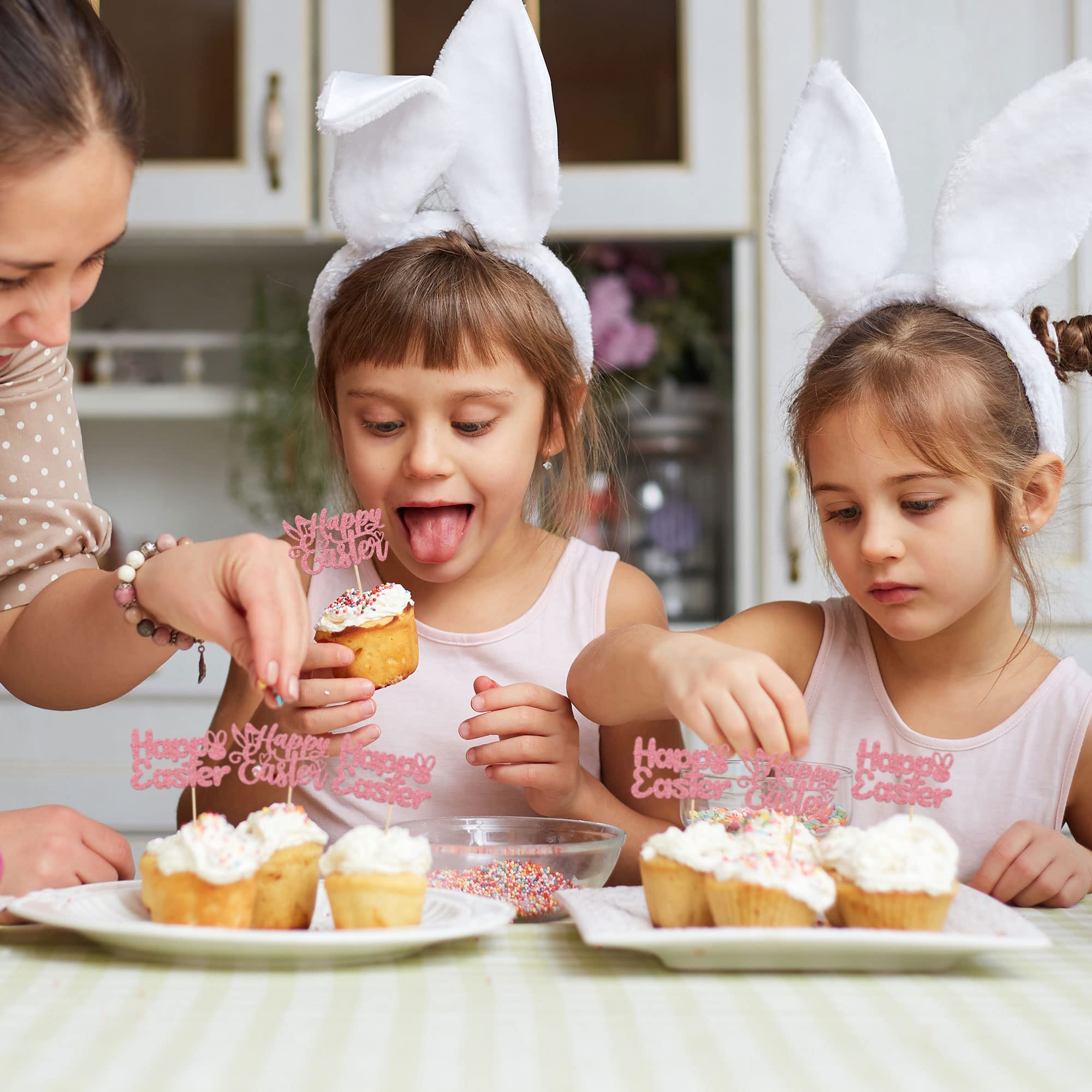 Pink Glitter Easter Bunny Cupcake Toppers - 24Pcs Happy Easter Cake Decorations for Easter Party, Spring Birthday & Baby Shower - Adorable Bunny Toppers for Cupcakes, Cakes & Desserts