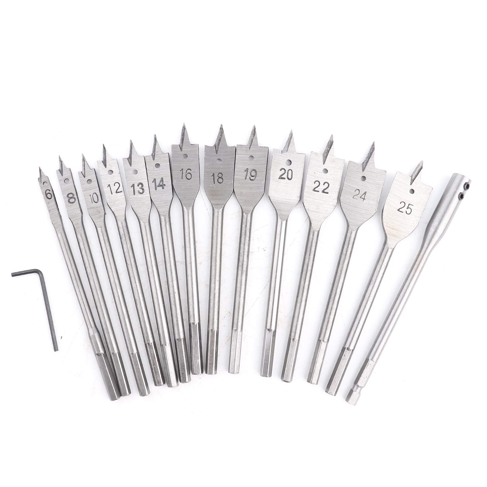 15pcs Carbon Steel Hex Shank Spade Flat Wood Drill Bit Set (6-25mm) - High Performance Woodworking Hole Saw for Power Tools | Perfect for DIY Projects, Furniture Making & Carpentry Work