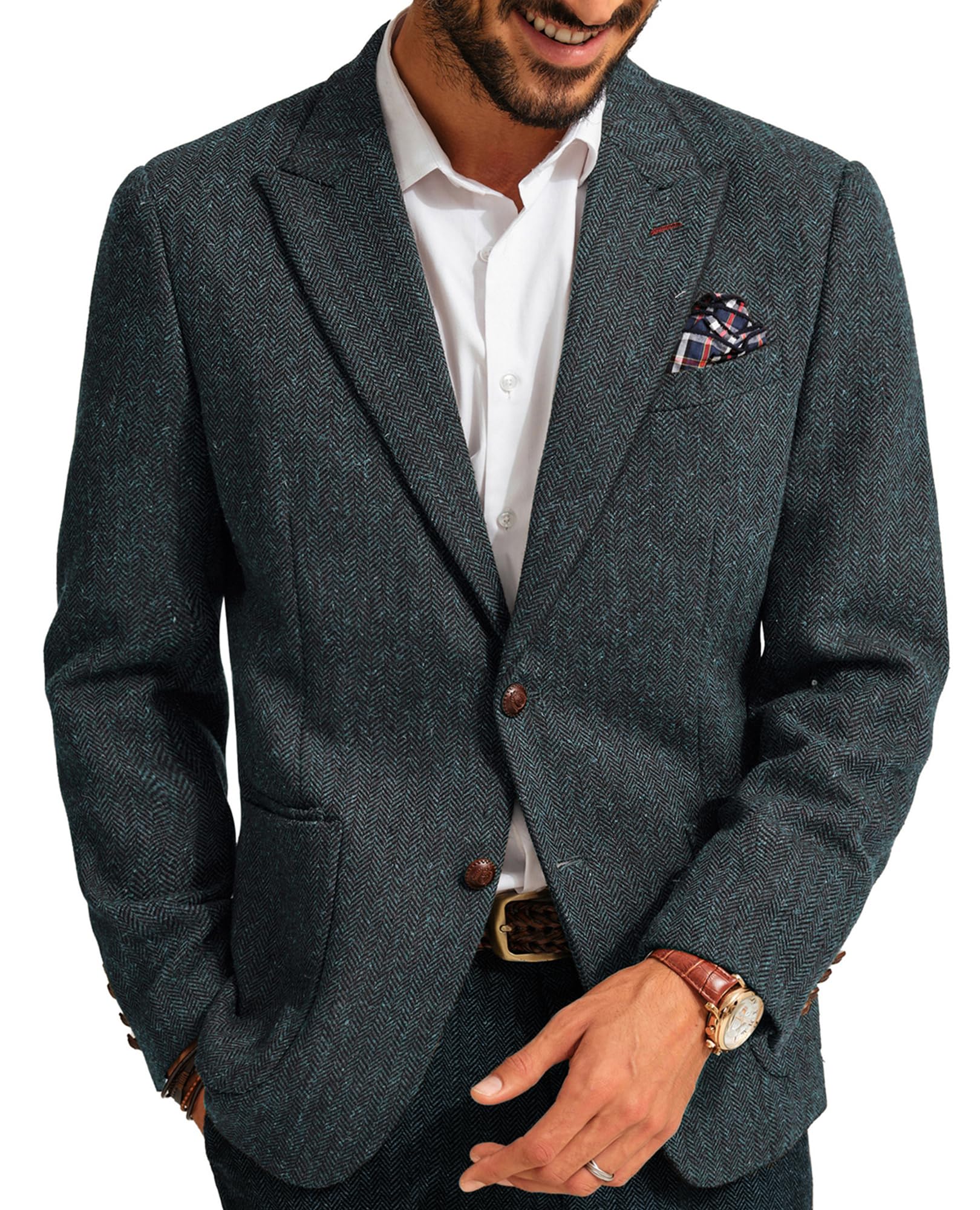 Vintage Herringbone Tweed Blazer for Men - Two Button Wool Blend Sport Coat with Pocket Square | Formal & Casual Wear for Office, Weddings & Events