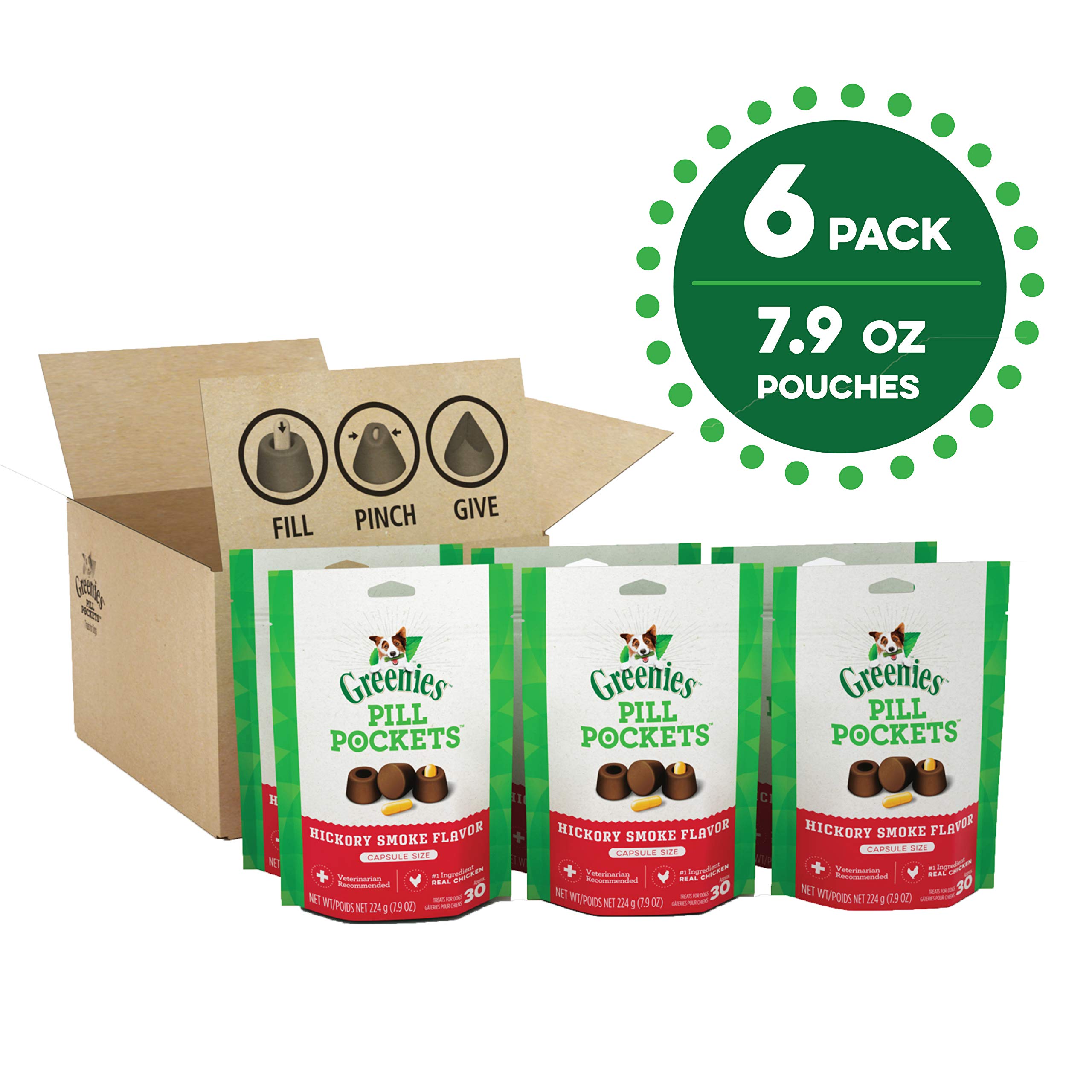 Greenies Pill Pockets for Dogs - Natural Soft Dog Treats with Hickory Smoke Flavor, Capsule Size (6 Pack, 180 Treats, 7.9 oz Each) - Perfect for Hiding Medication & Training Rewards