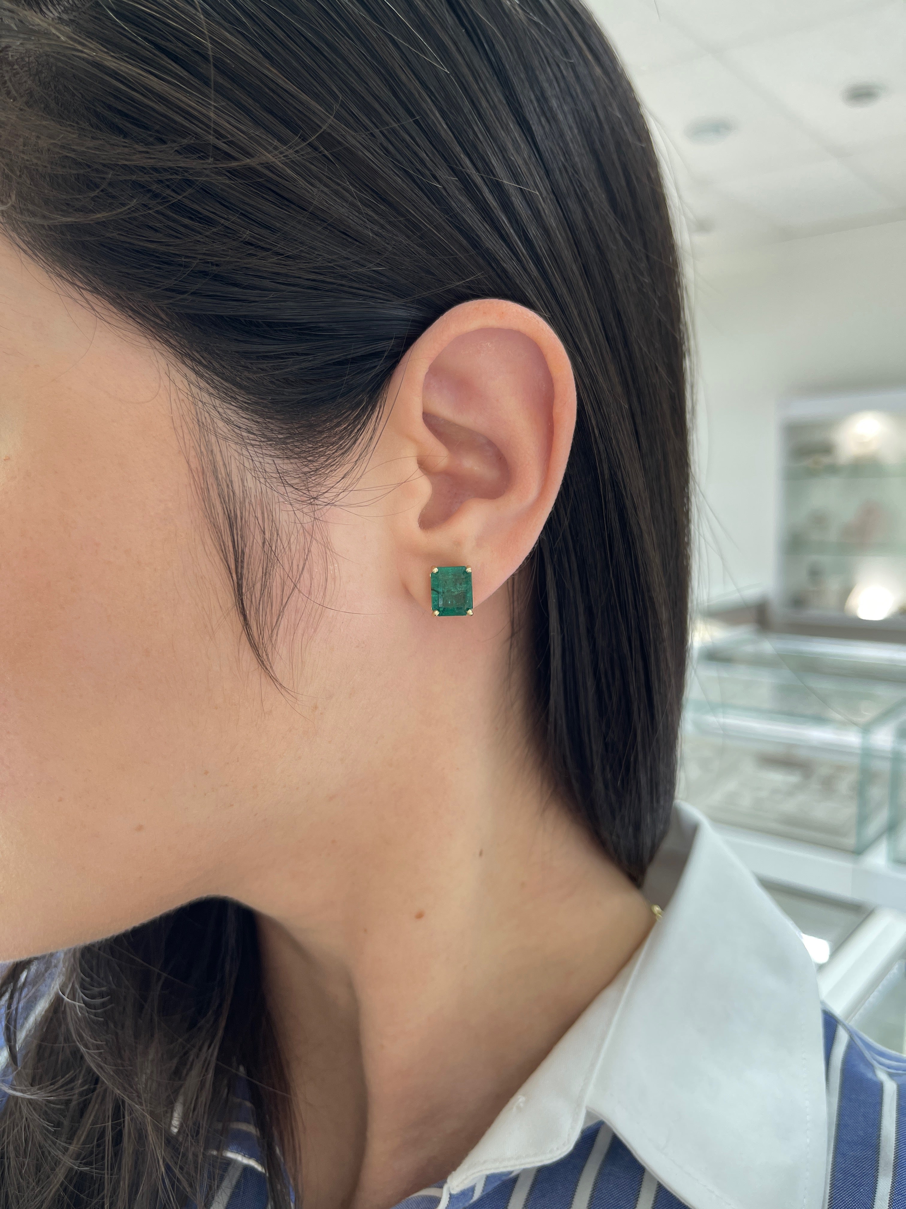 6.70tcw Zambian Emerald Emerald Cut Fleur De Lis Stud Earrings in 14K Gold - Elegant Jewelry for Women, Perfect for Weddings, Parties & Special Occasions