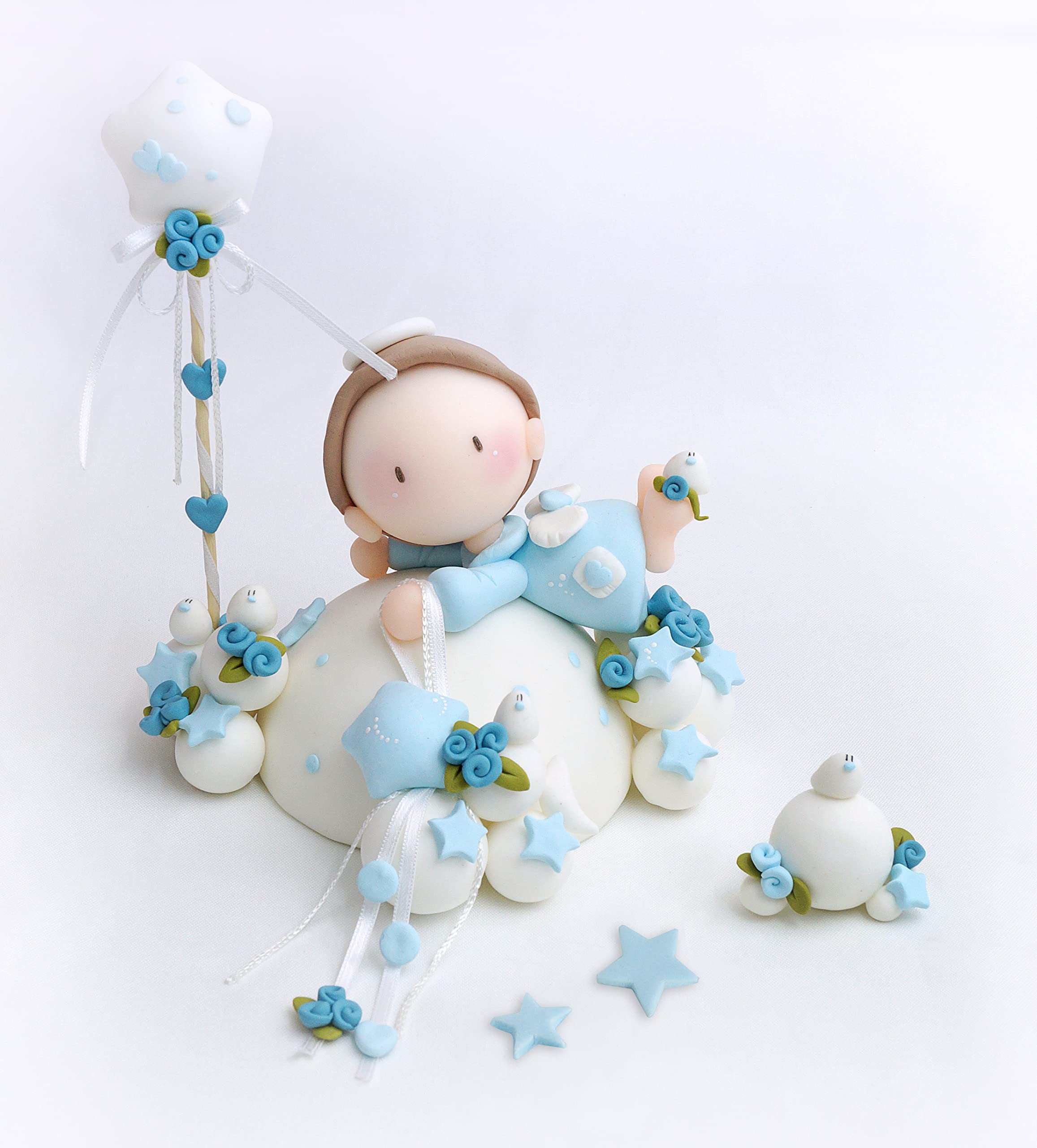 Handmade Clay Angel Cake Topper Set with Stars & Doves - 17-Piece Baptism, Baby Shower, Birthday & Christening Cake Decorations - Perfect for Wedding, Anniversary & Holiday Celebrations